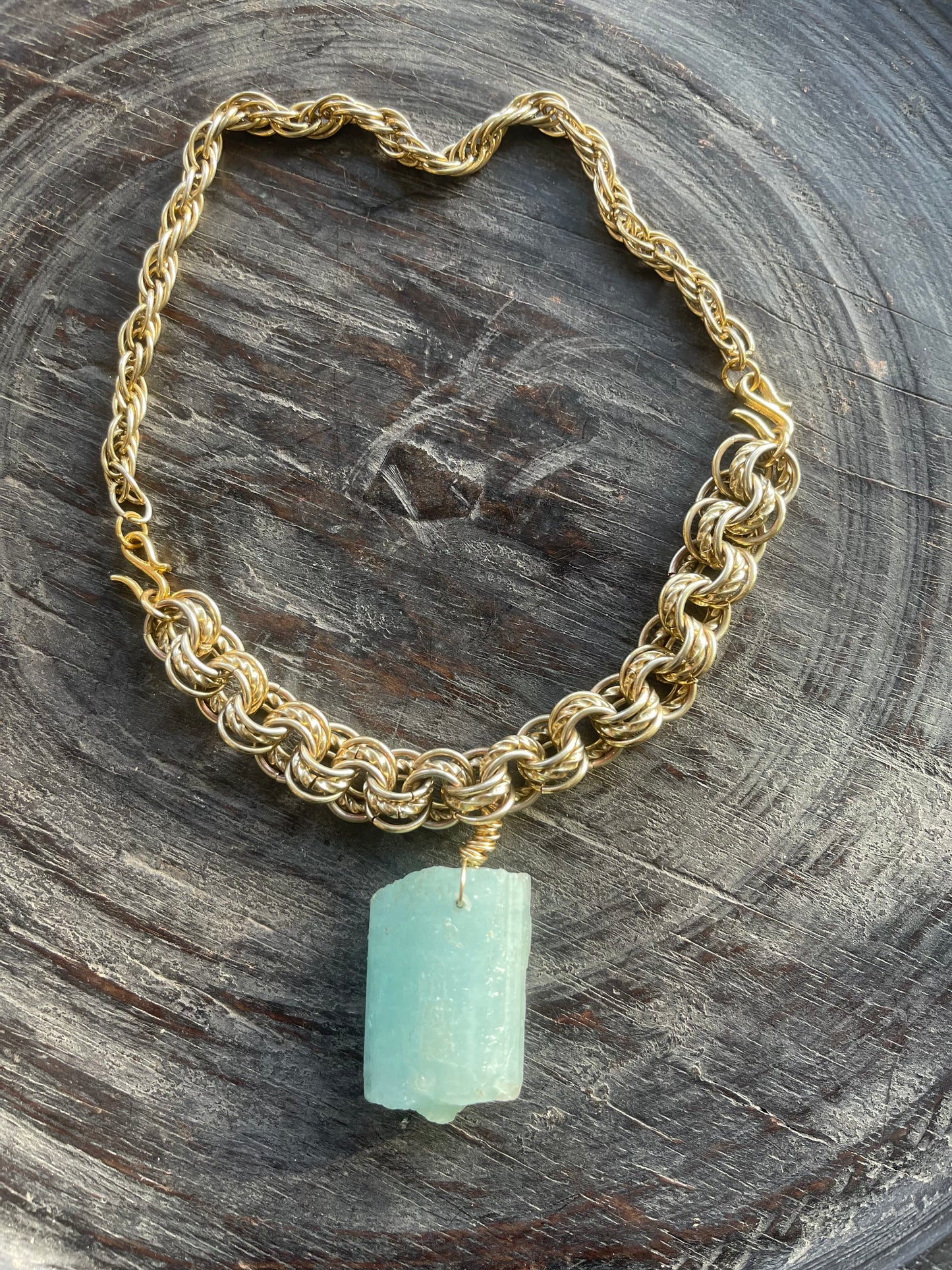 Raw Chunky Aquamarine Crystal Soul Chain Necklace - Vintage Gold Chain- Akashic Records Collection
