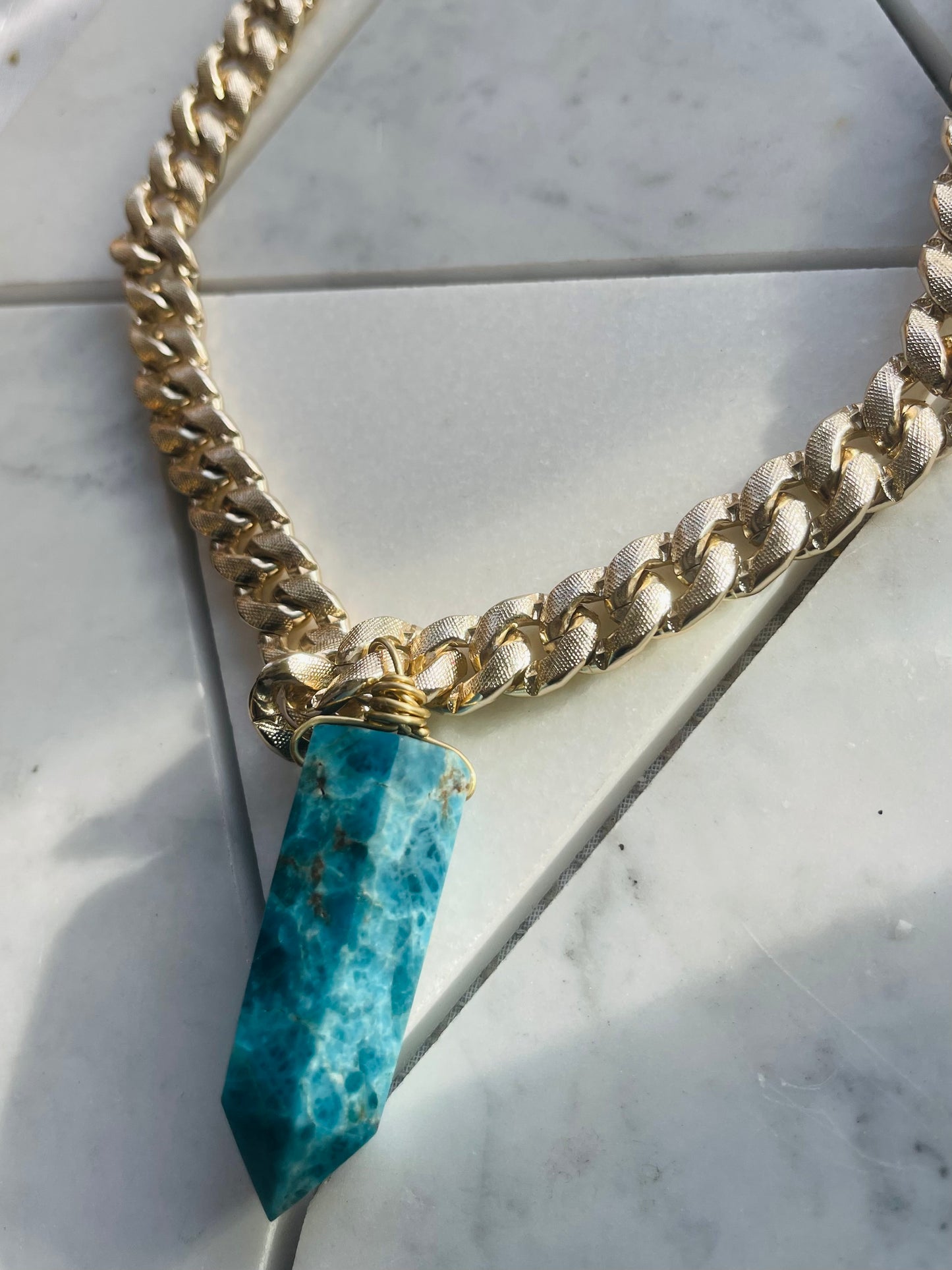 Heart and Throat Chakra Soul Chain w Apatite  Point Crystal Necklace