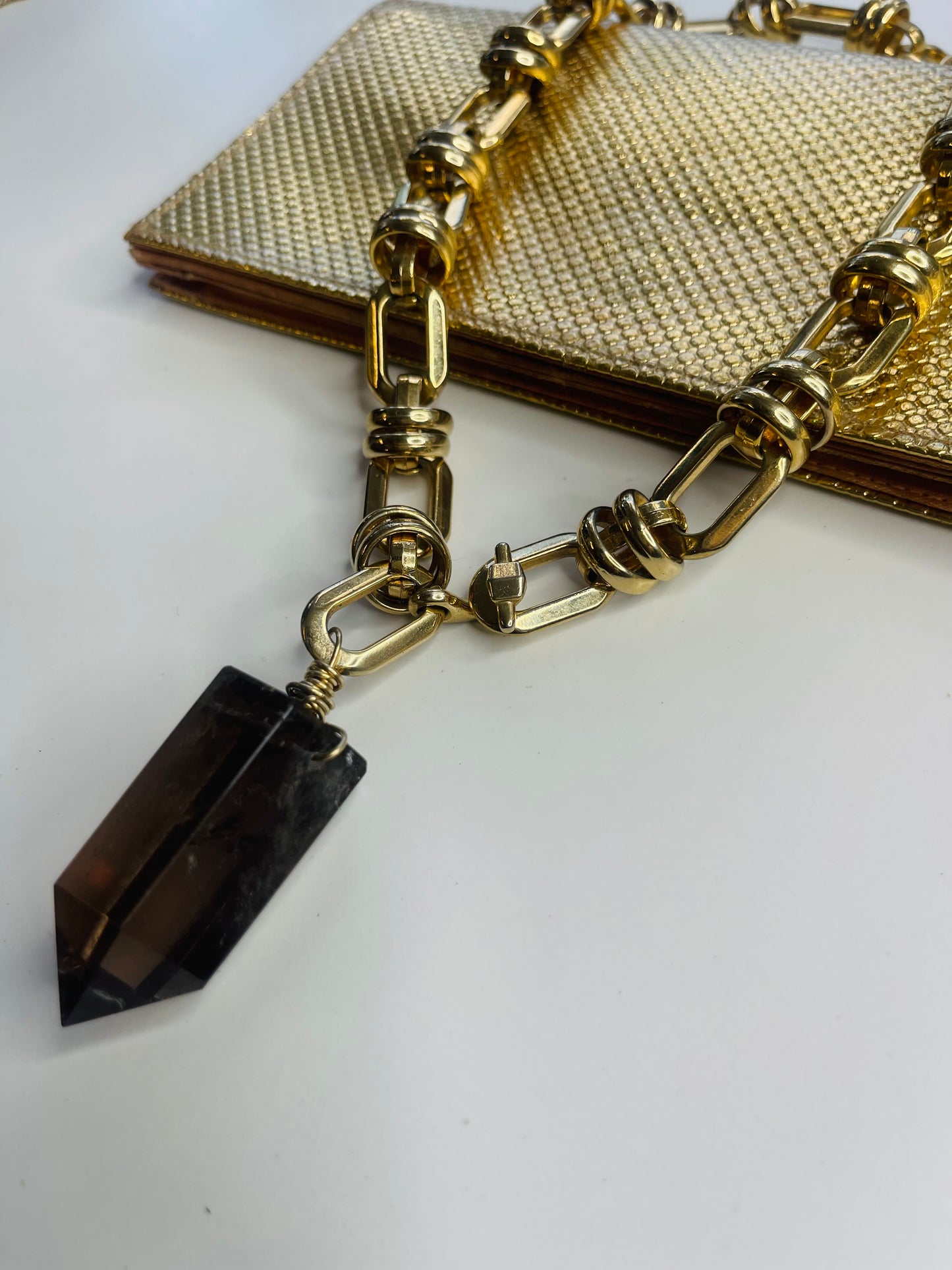 Sacral Soul Chains Necklace w Brass wrapped Smokey Quartz