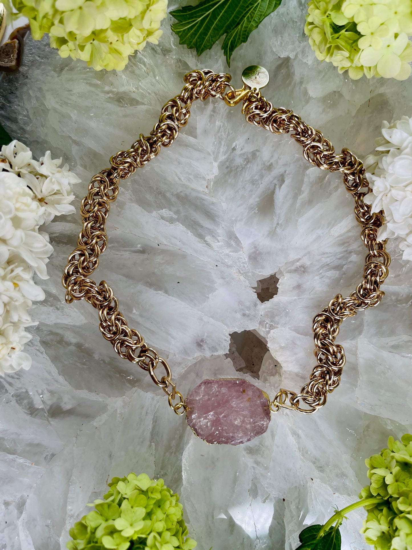 Vintage Choker - Reimagined. Rose Quartz Crystal  Soul Chain Necklace w 24k Electroplated