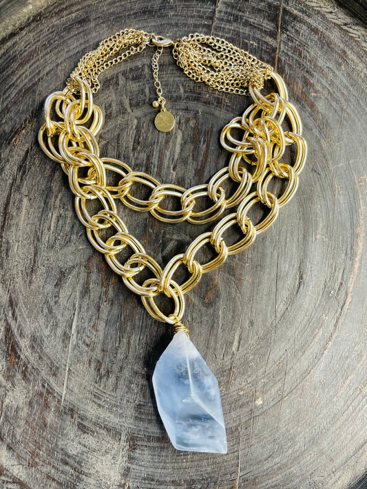 Chunky Swiss Blue Topaz Crystal Soul Chain Necklace - Vintage Gold Chain- Dainty Baby  Collection