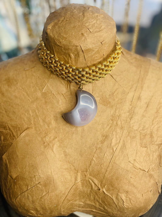 Lilac Agate Moon with Druzy Crystal Soul  Chain