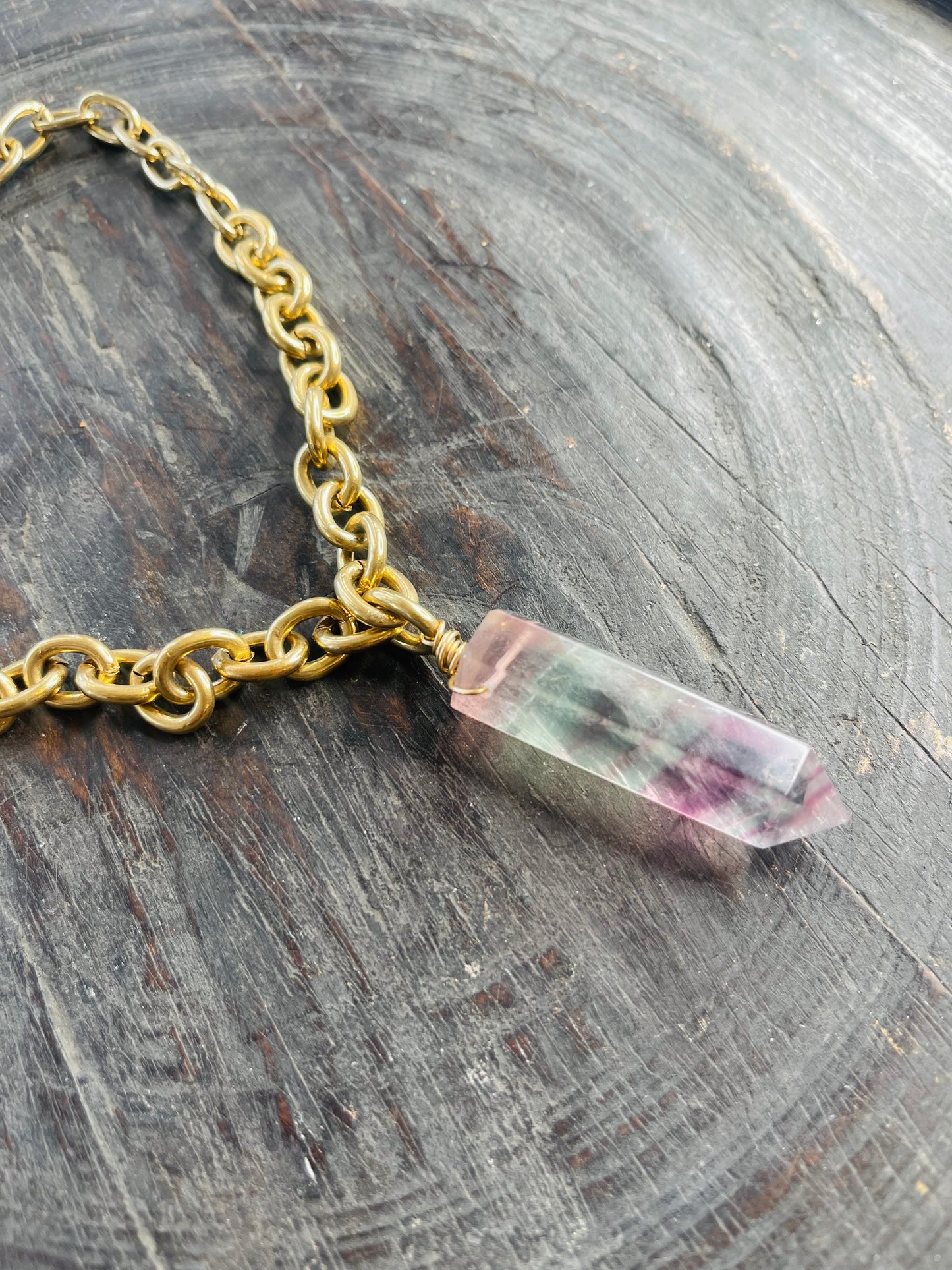 Vibrant  Rainbow Fluorite Crystal Gold Soul Chain Necklace