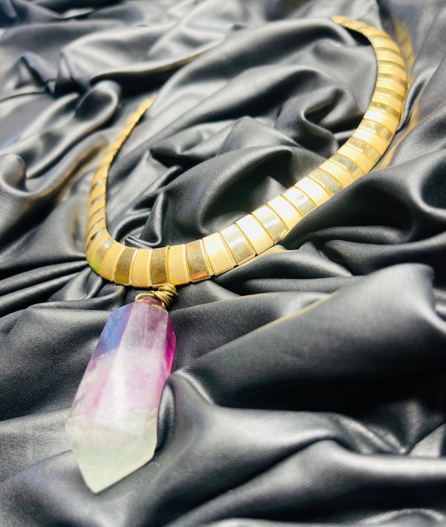 Rainbow Fluorite Crystal Gold Soul Chain Necklace