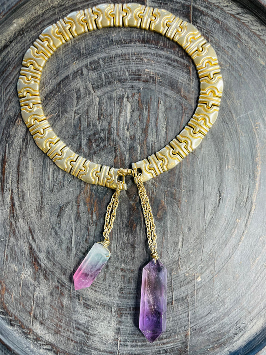 3rd Eye Faceted Amethyst Rainbow Fluorite Soul Chain w Vintage Gold Plated Chain