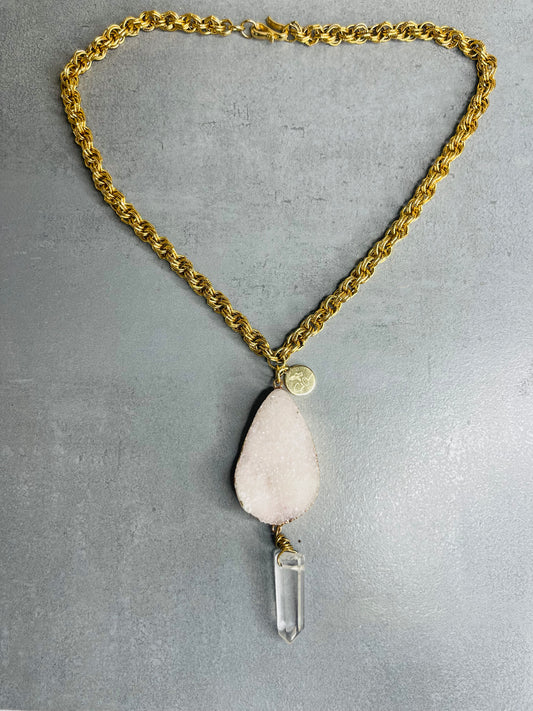 Glittery Lux Druzy Gem  Clear Quartz Crystal Soul  Chain