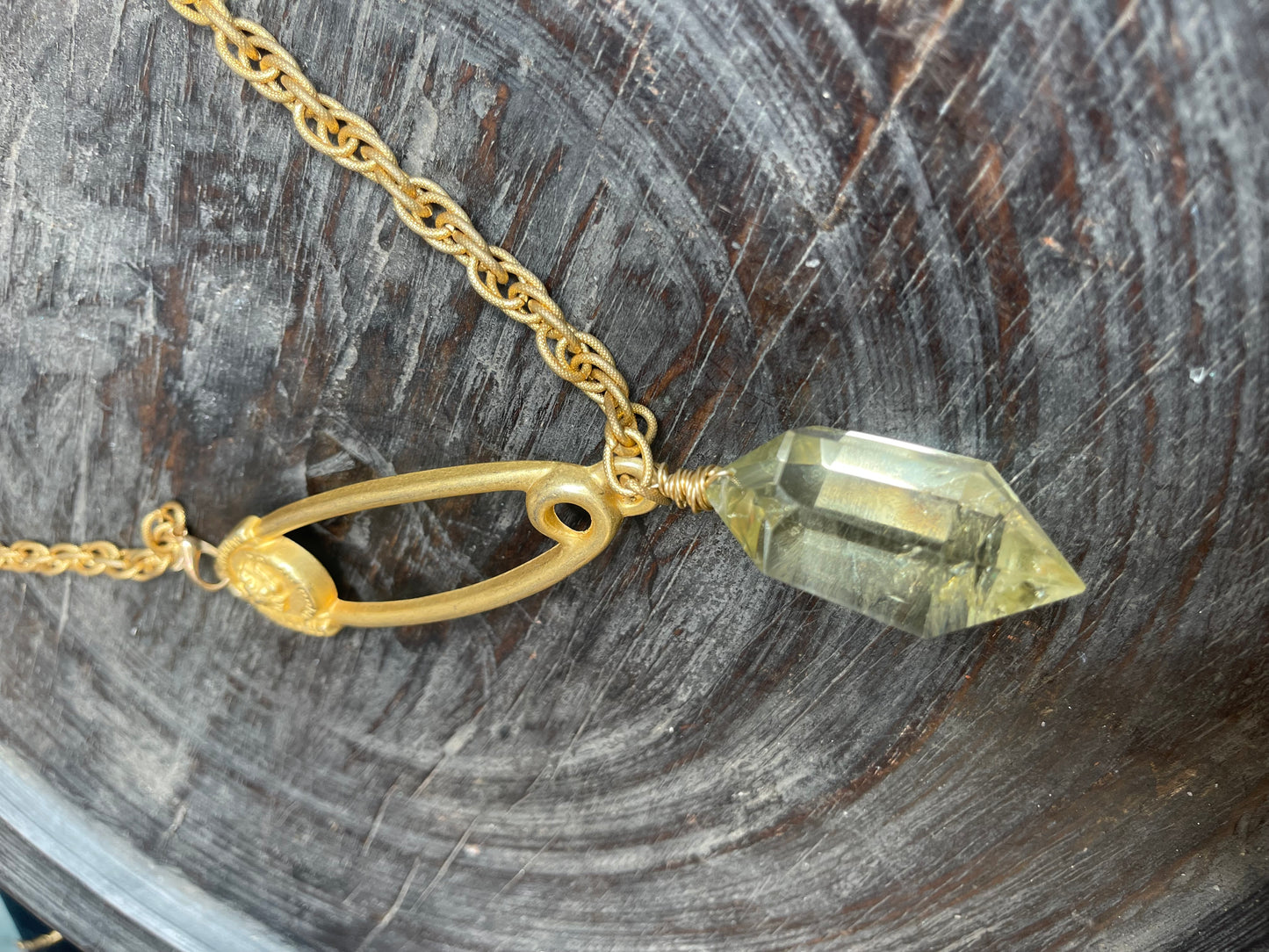 Vintage Lion Clasp Lux Gem Cut & Very Rare Citrine Hand wrapped on vintage choker chain