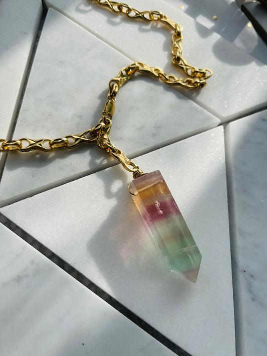 Brilliant Rainbow Fluorite Crystal Gold Soul Chain Necklace