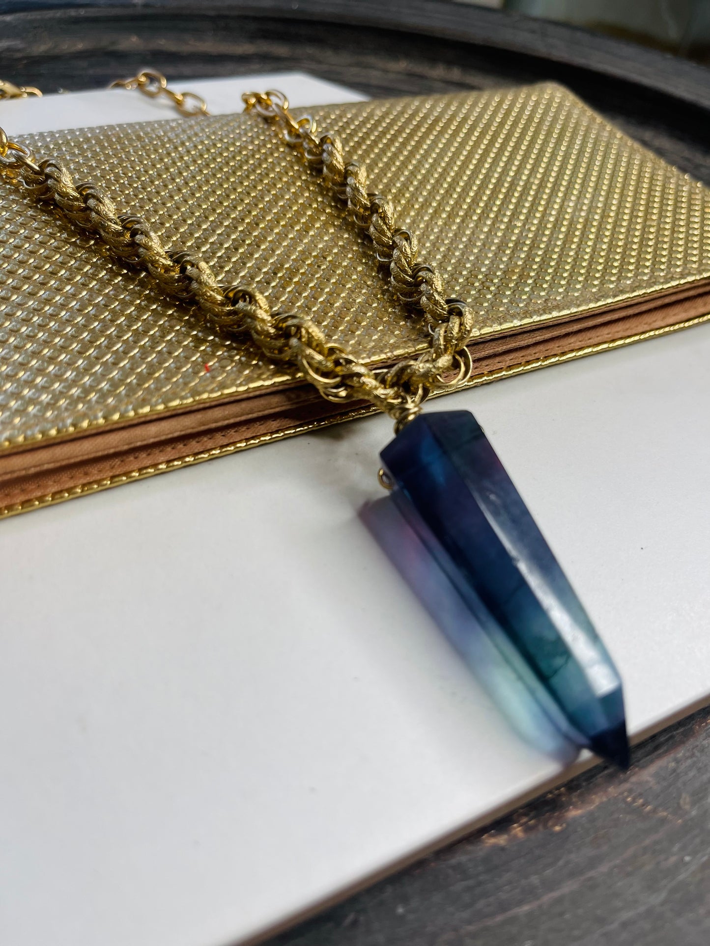 Brilliant Rainbow Fluorite Crystal Gold Soul Chain Necklace
