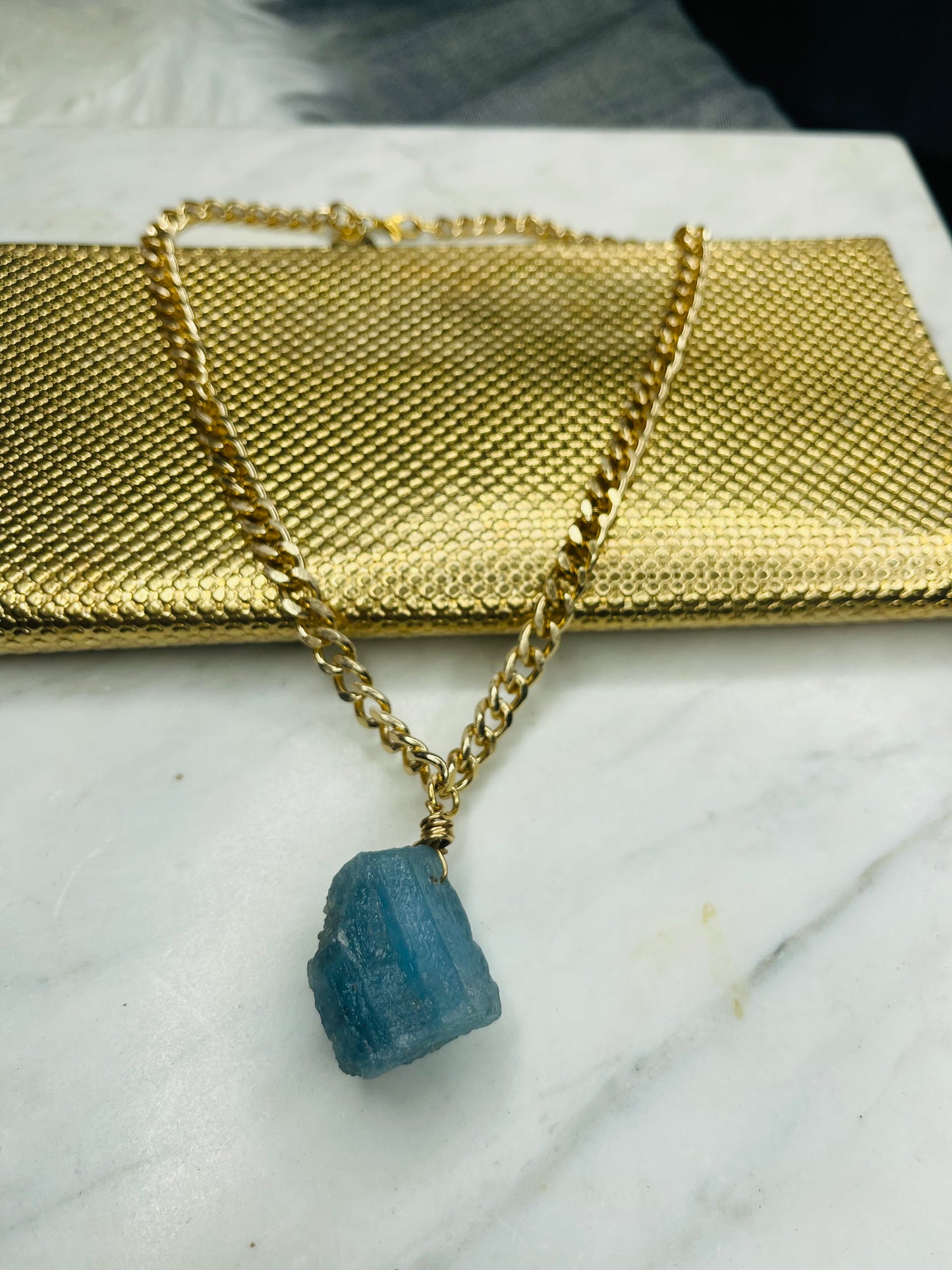 Roar! Throat Chakra Raw Aquamarine w Vintage Gold Plated Necklace
