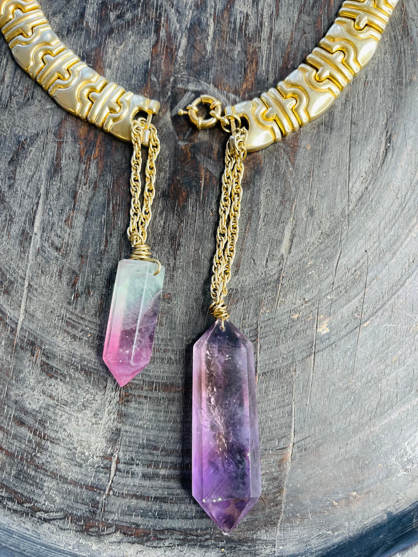 3rd Eye Faceted Amethyst Rainbow Fluorite Soul Chain w Vintage Gold Plated Chain