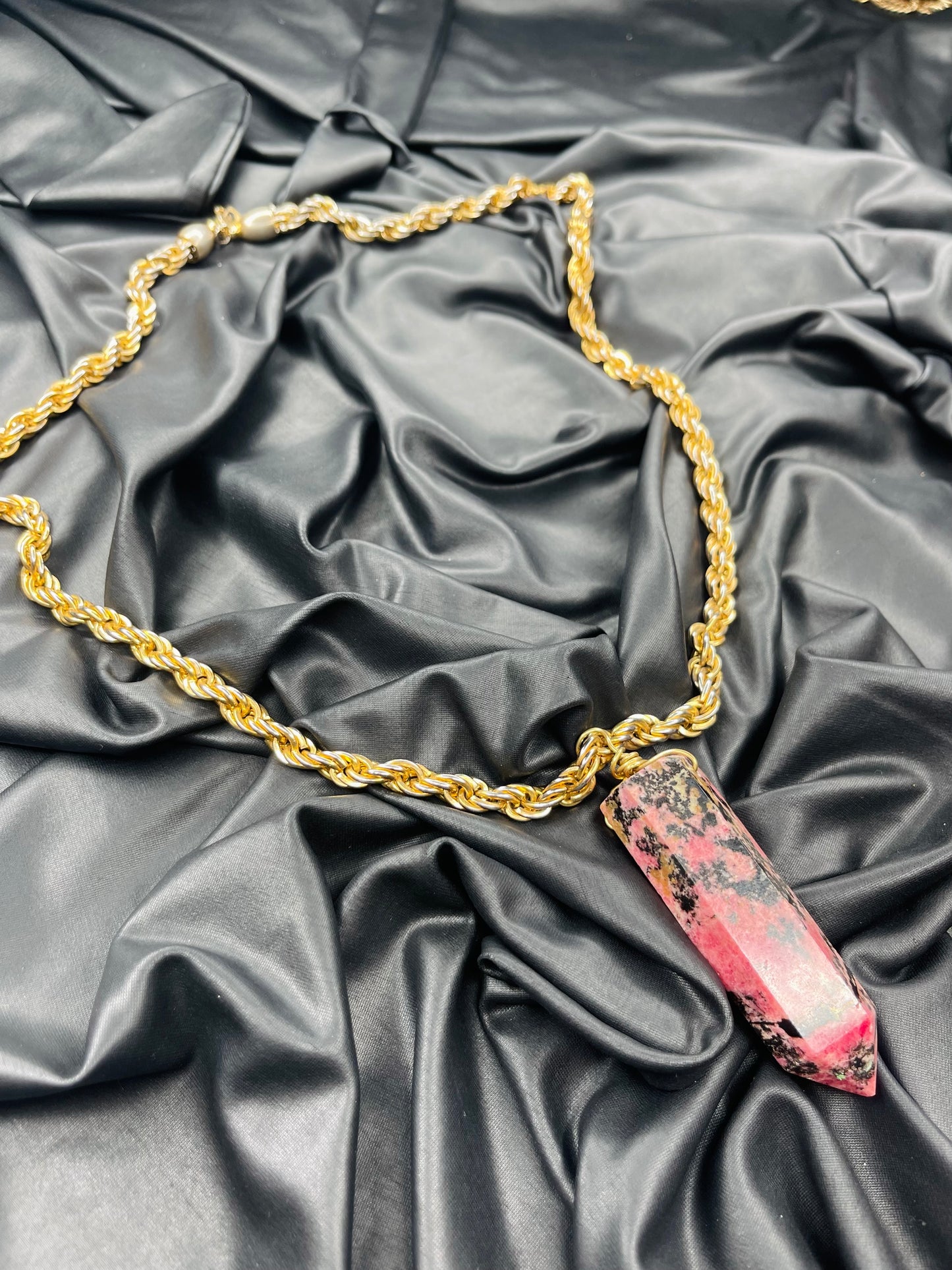 Pink Rhodanite Massive Manifestations Soul Chain w Vintage multi chain Gold Plated Chain