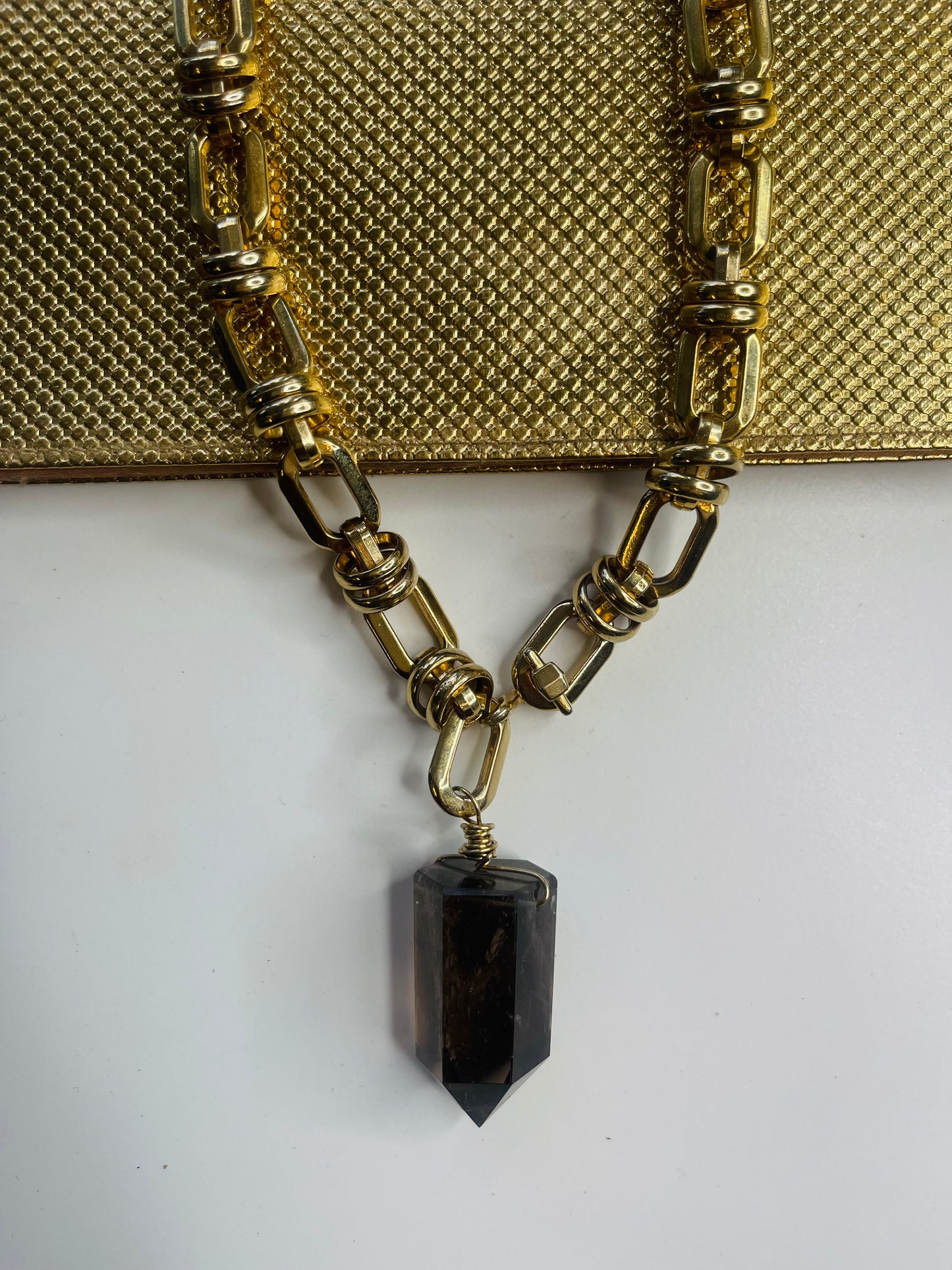 Sacral Soul Chains Necklace w Brass wrapped Smokey Quartz