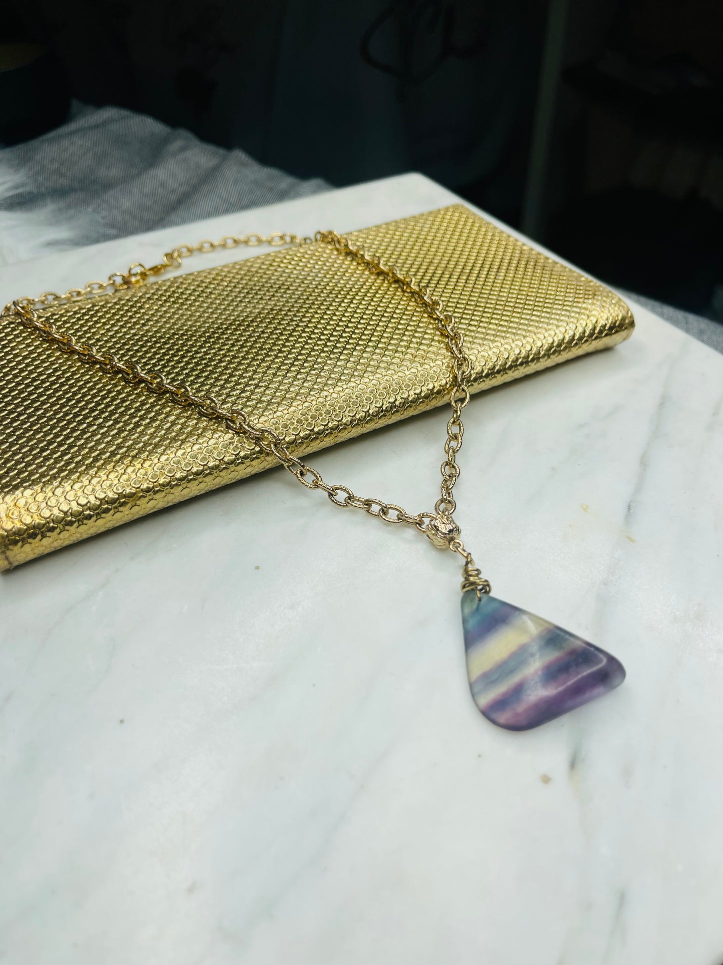Magical Rainbow Fluorite Crystal Gold Soul Chain Necklace
