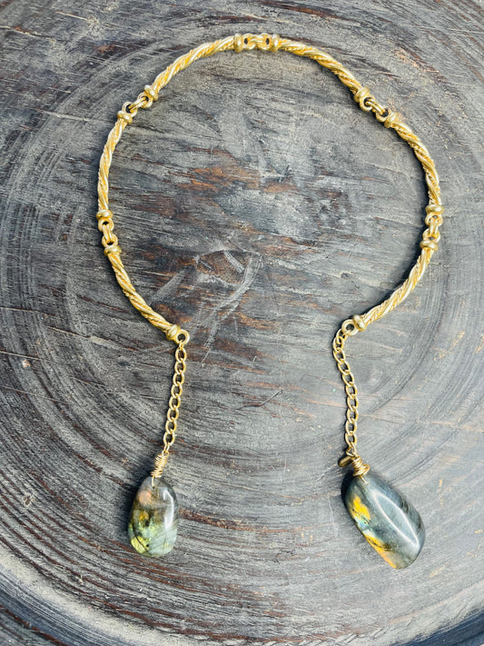 Double Drip Collar Crystal Soul Chain  with Rainbow Labradorite  Crystals