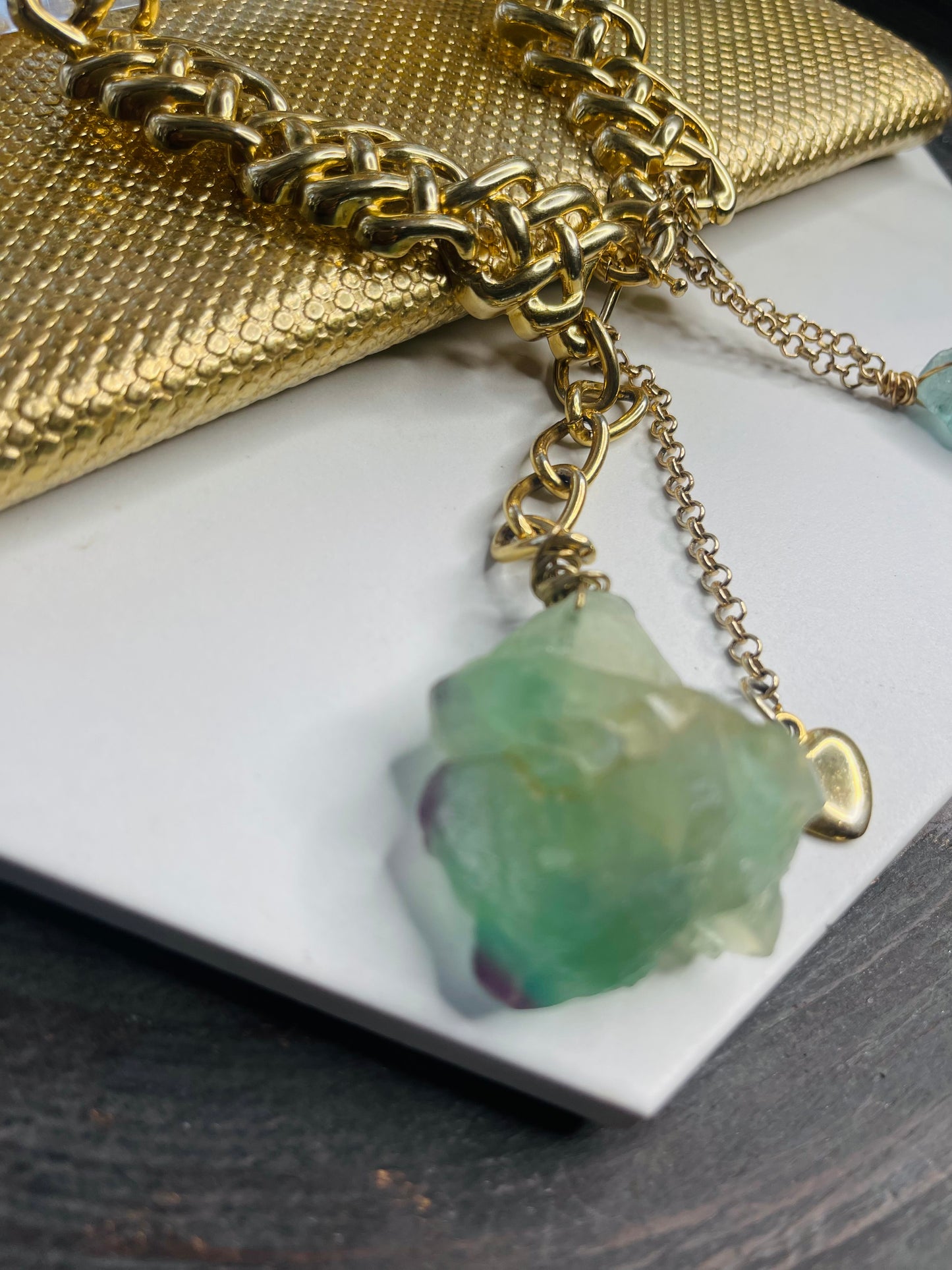 Raw Chunky Collar - Rainbow Fluorite Crystal Gold Soul Chain Necklace