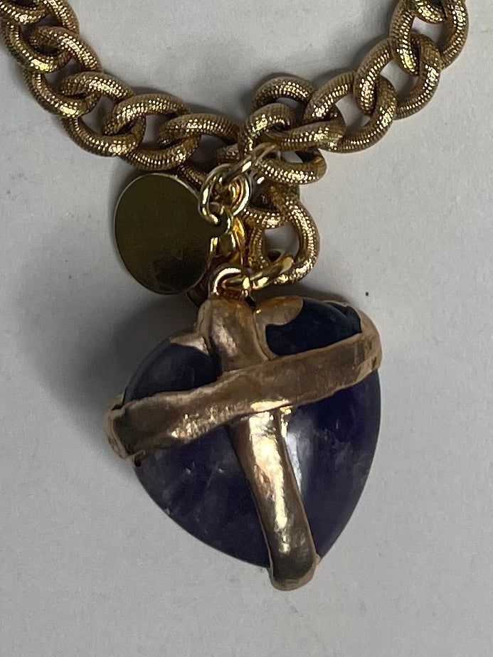 Amethyst Heart Soul  Chain w Vintage Gold Plated Chain