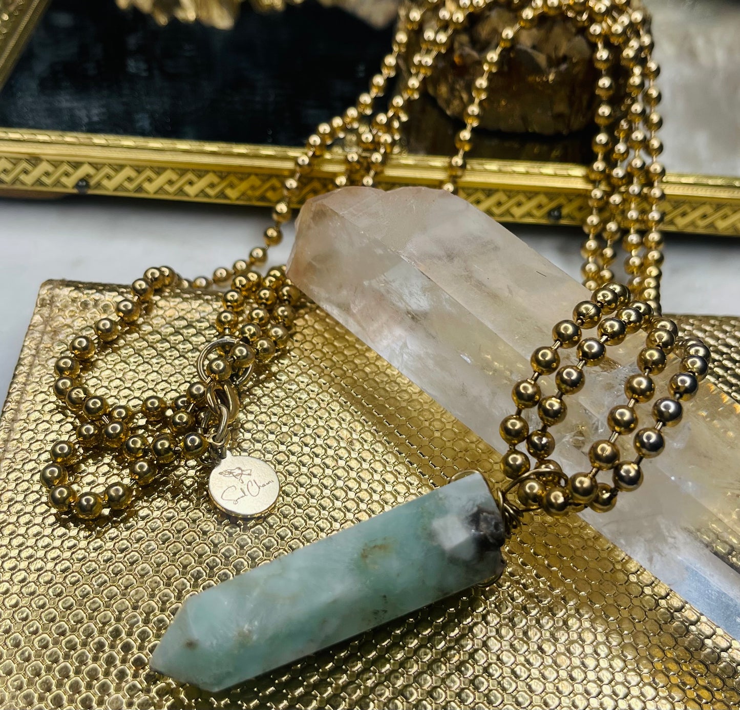 Hemimorphite Crystal Soul Chain w Vintage Gold Plated Chain
