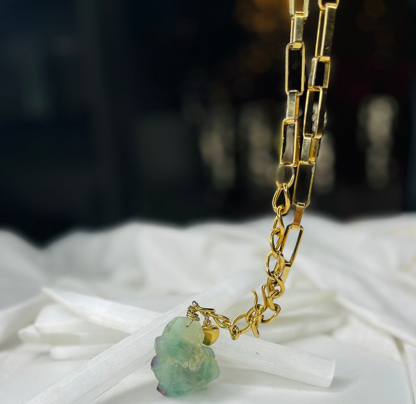 Raw Chunky Rainbow Fluorite Crystal Gold Soul Chain Necklace