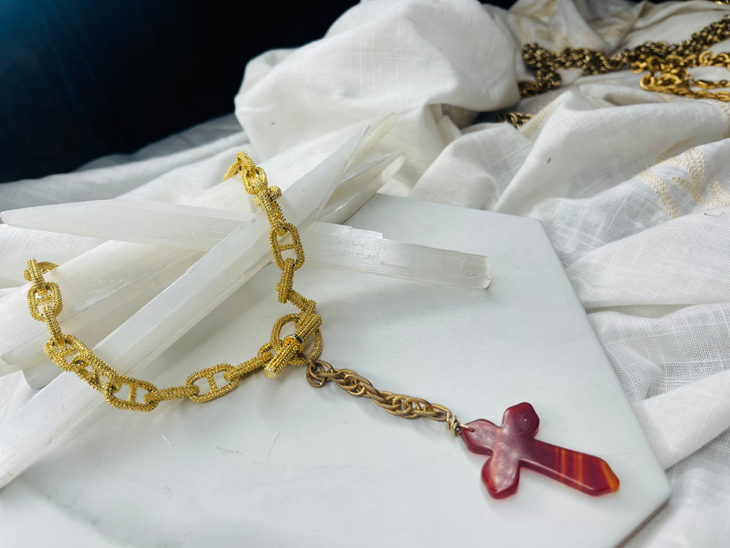 Carnelian Cross Soul Chain w Vintage Gold Plated Chain