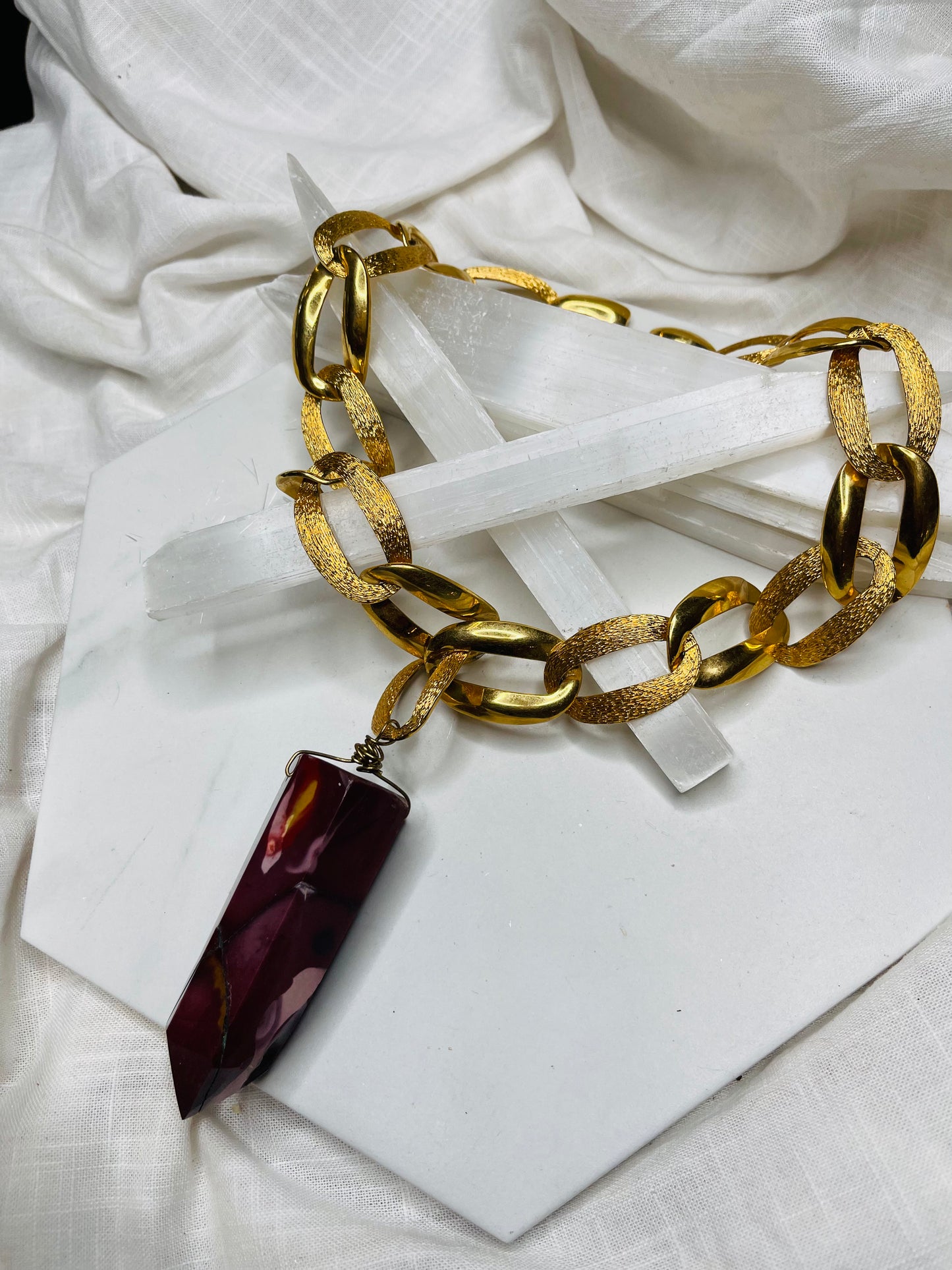 Lower Chakras Mookaite Crystal Soul Chain Necklace - Vintage Gold Chain- Akashic Records Collection