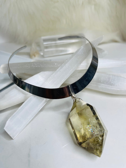 Renaissance silver- Gem Cut Citrine Soul Chain Necklace Hand wrapped on vintage chain