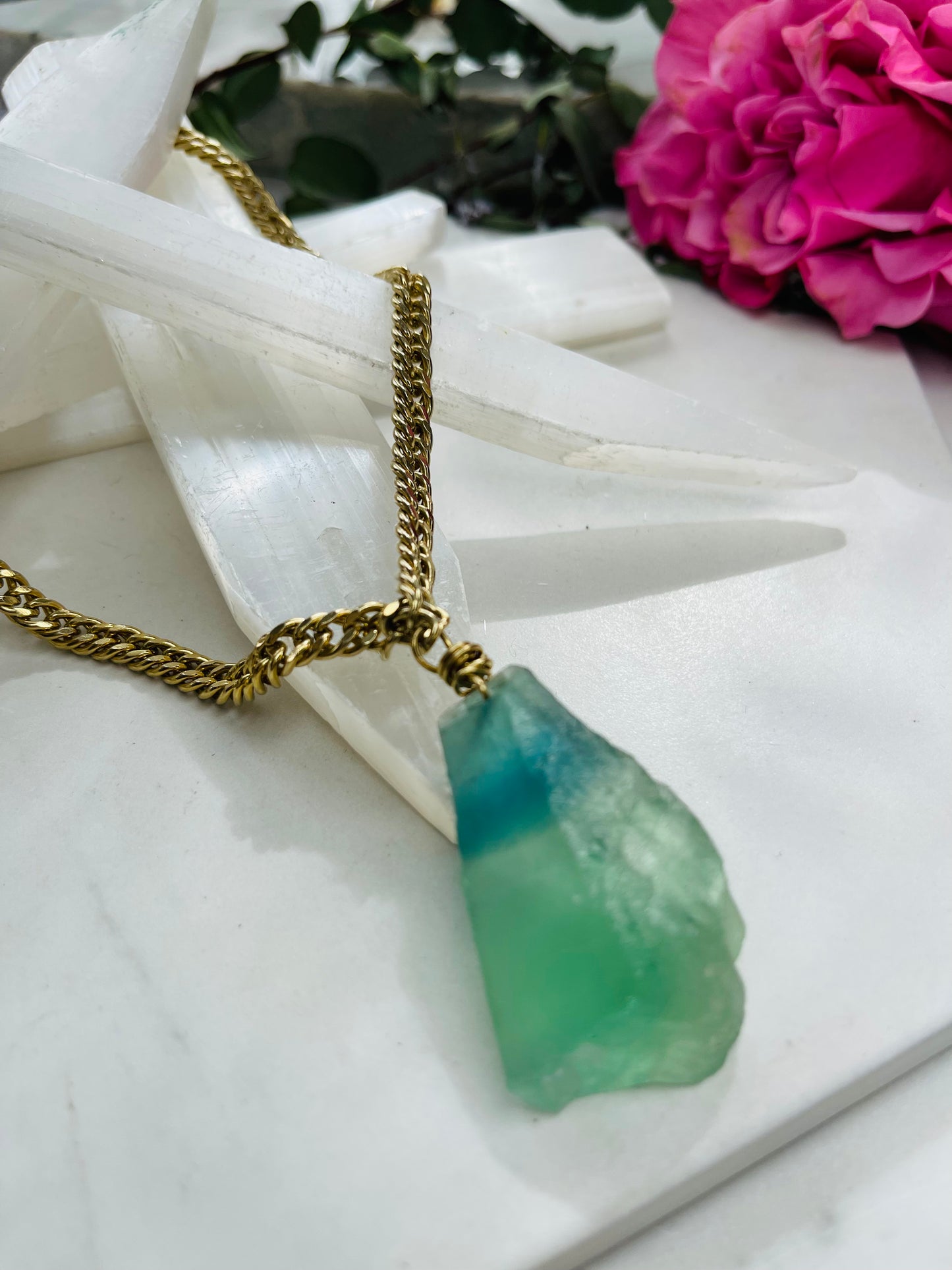 Chunky Raw Rainbow Fluorite Crystal Nugget - Vintage Gold Soul Chain Necklace
