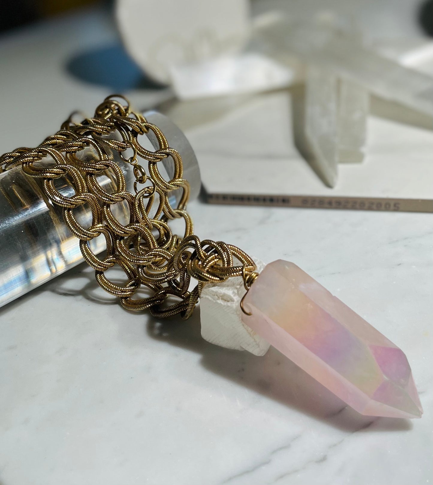 Chunky Heart Chakra Soul Chain w Aura Rose Quartz Crystal and Vintage Gold Plated Chain