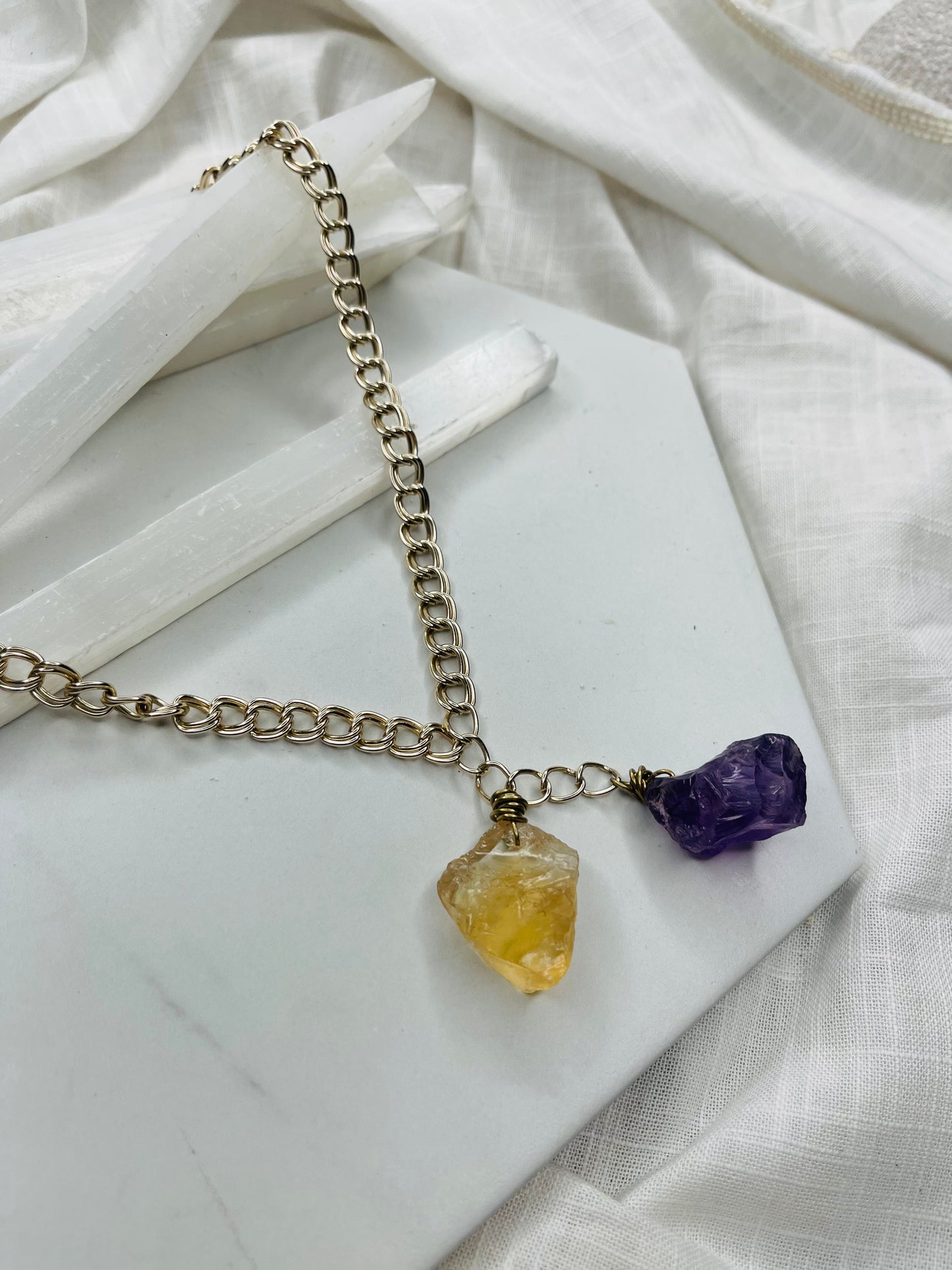 Vintage Chain w Raw  Amethyst and High Quality Citrine Soul Chain Necklace Hand wrapped on vintage chain