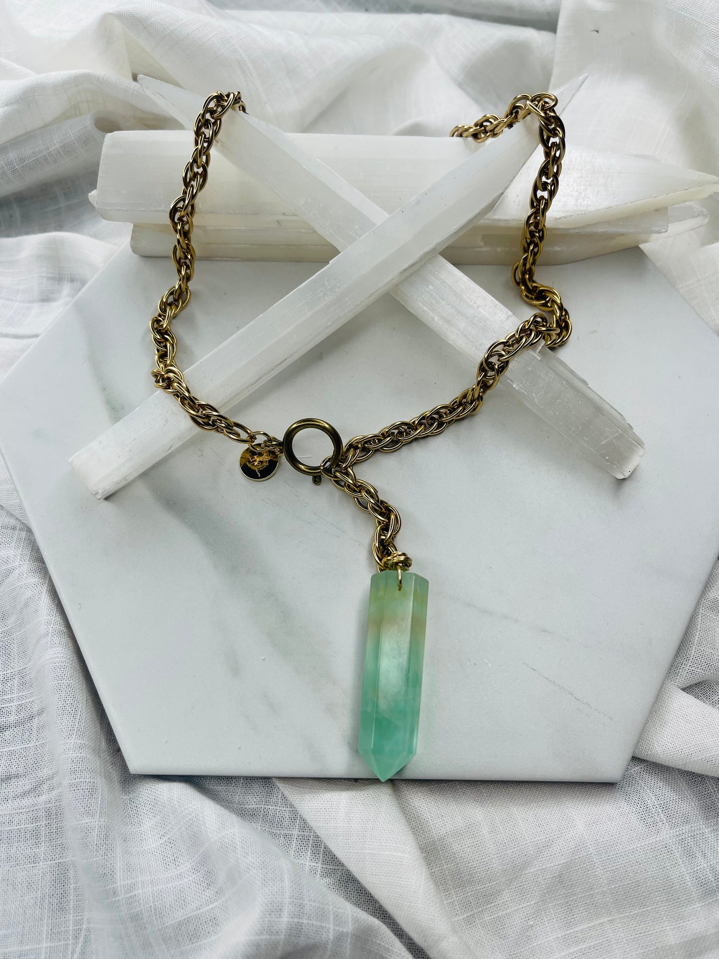 Green Rainbow Fluorite Crystal Gold Soul Chain Necklace