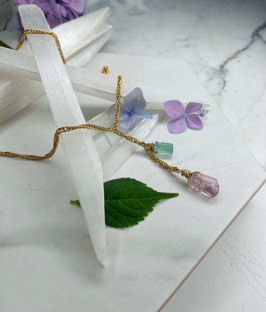 3rd Eye Heart Dainty Baby Gold Soul Chain w, Faceted Kunzite
