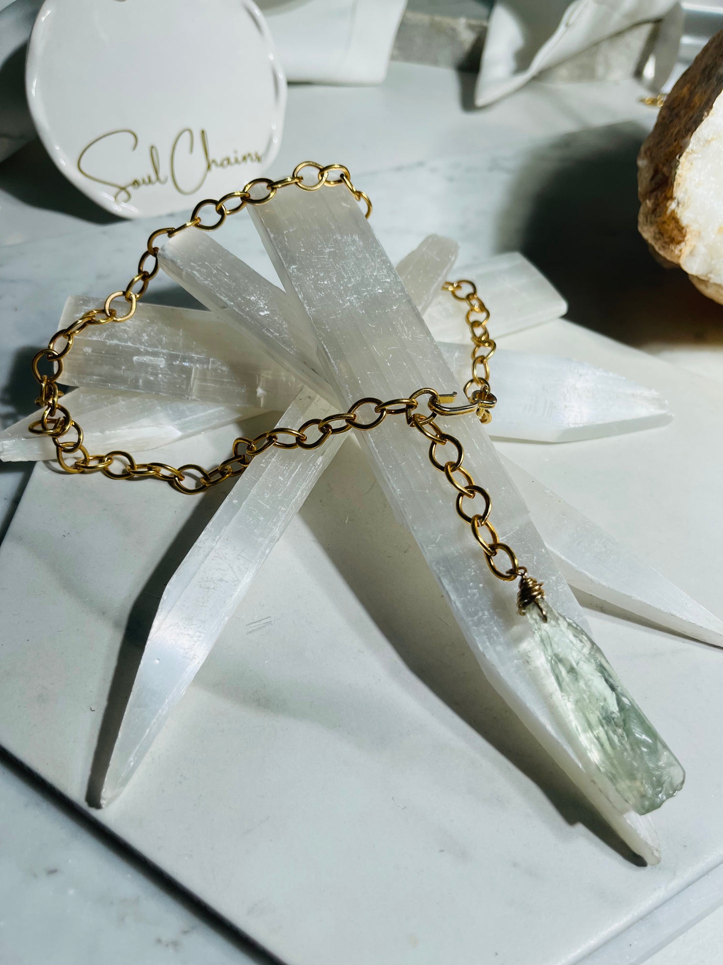 Lux Prasiolite Crystal Soul Chain Necklace - Vintage Gold Chain- Akashic Records Collection