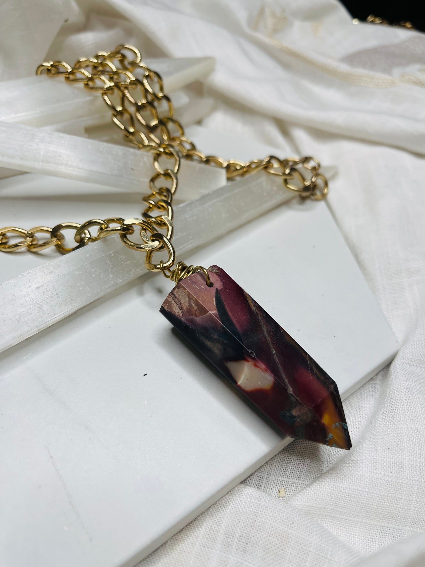 Massively Gorgeous Multihued  Mookaite Crystal Soul Chain Necklace - Vintage Gold Chain- Akashic Records Collection