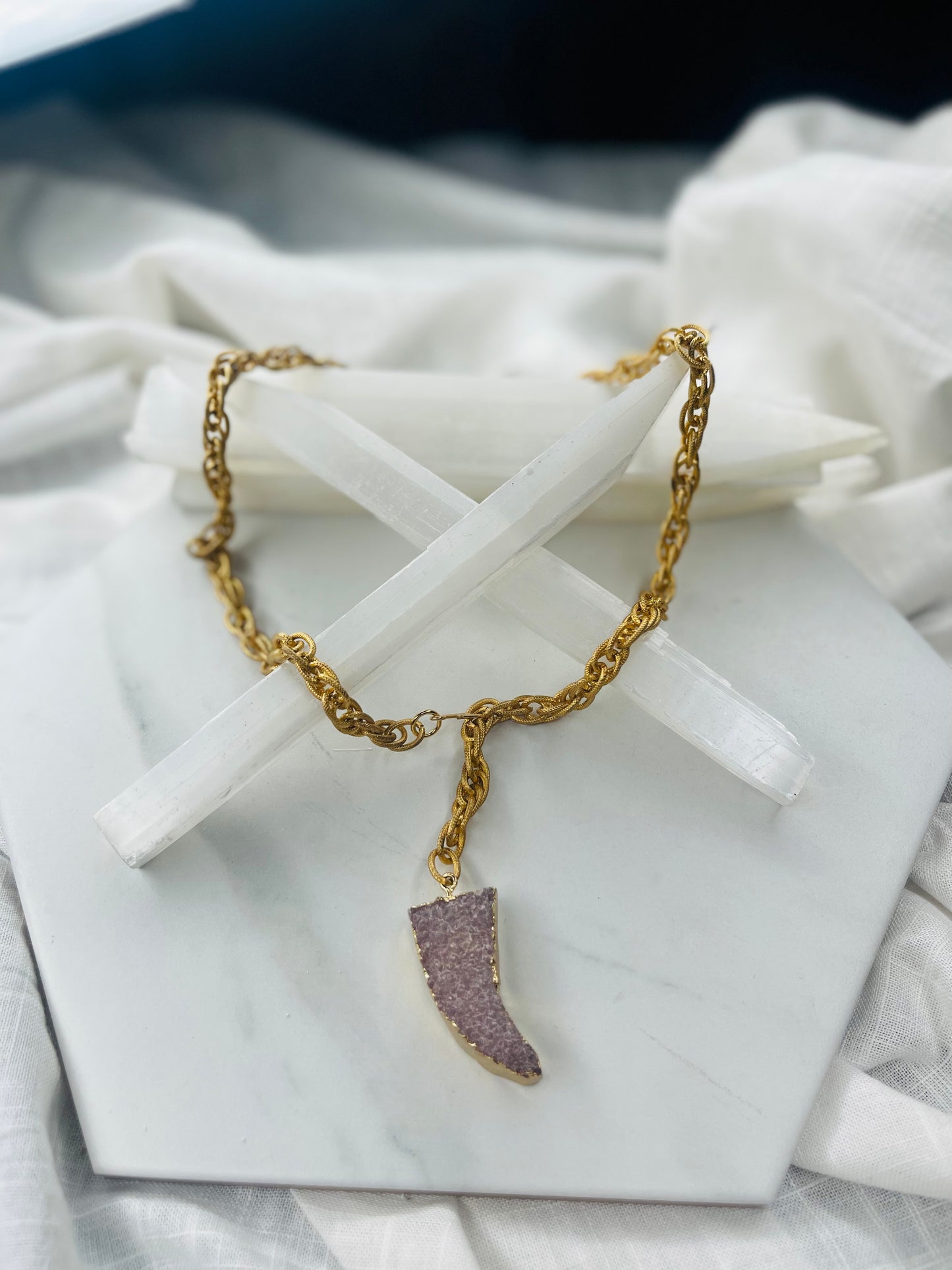 Heart Chakra Pink Amethyst Druzy Crystal Soul Chain Necklace w 24k Electroplated