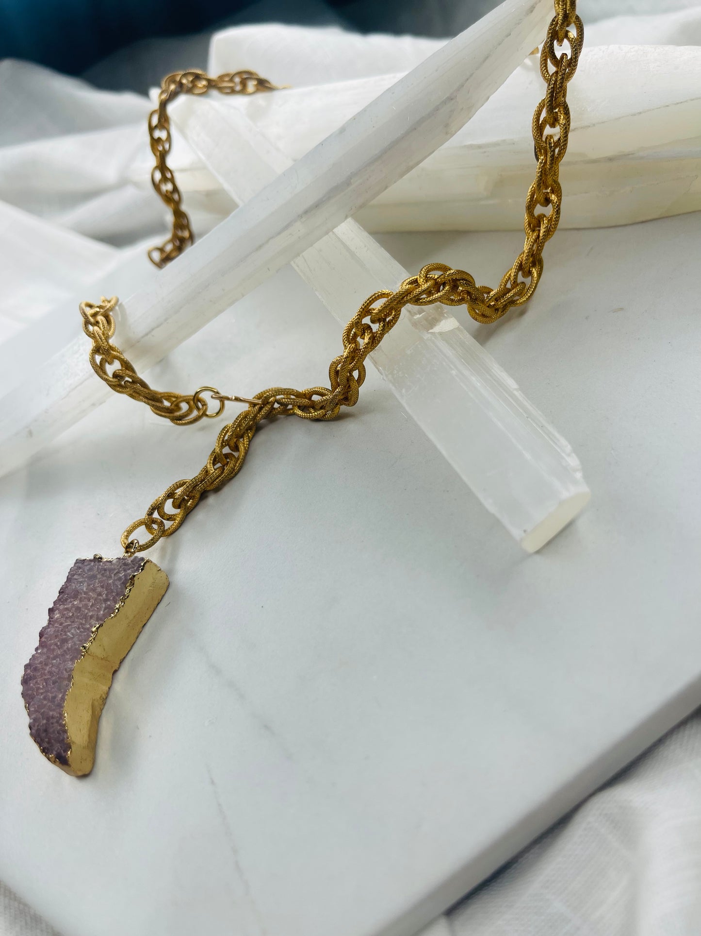 Heart Chakra Pink Amethyst Druzy Crystal Soul Chain Necklace w 24k Electroplated
