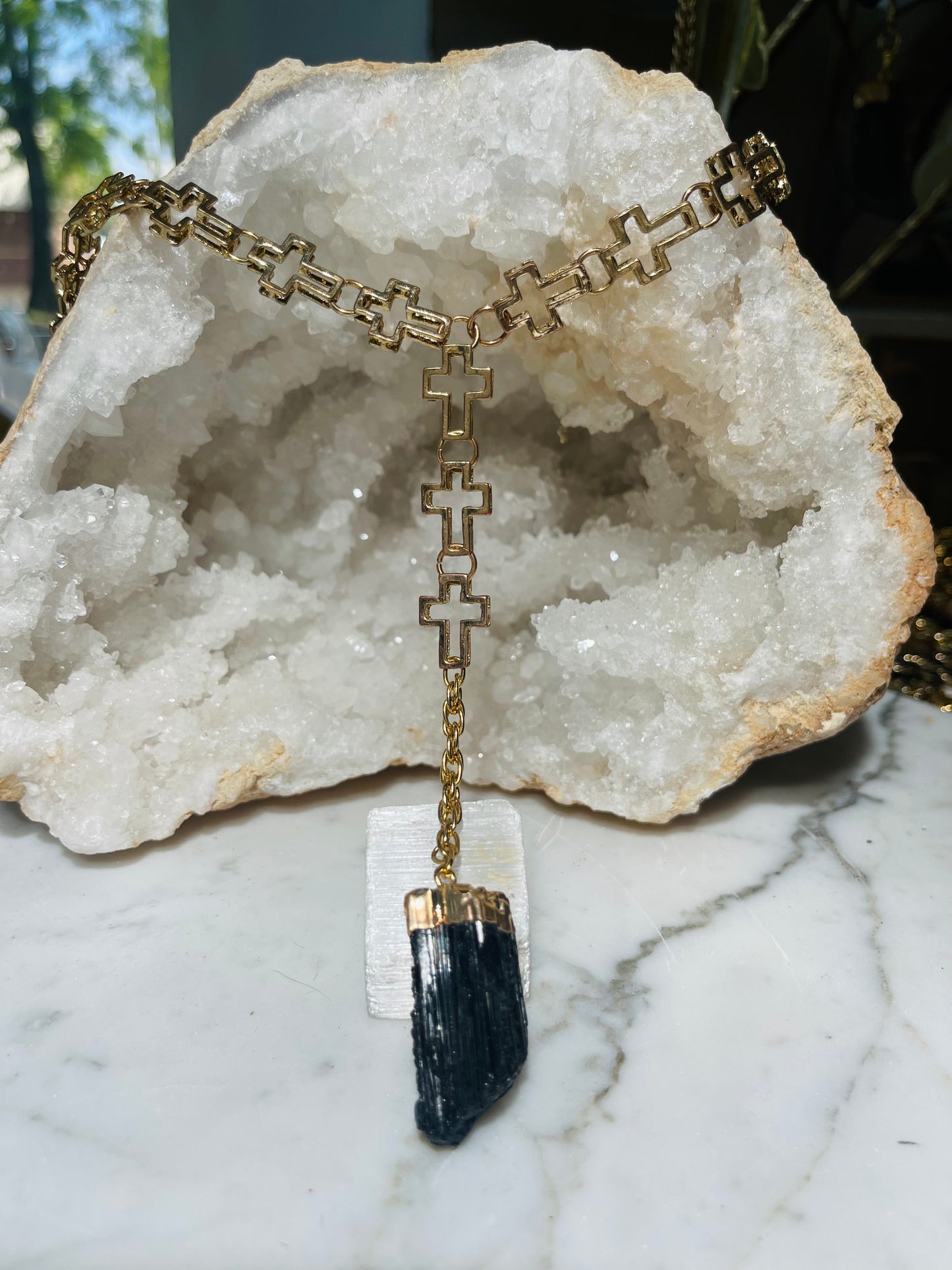 Black Tourmaline Cross Soul Chain with Gold plated Vintage Necklace