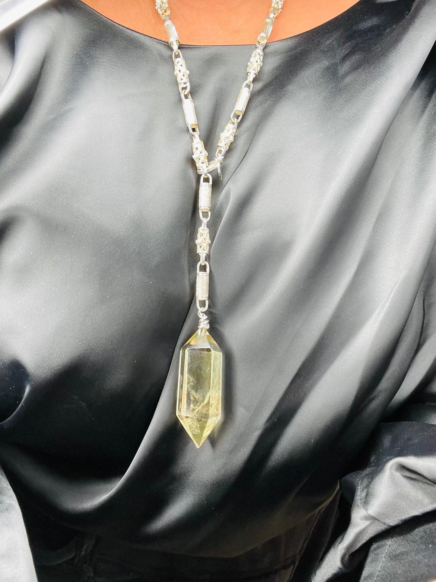 Exquisite Rainbow Inclusions and Chunky Gem Cut & Very Rare Citrine Hand wrapped on vintage chain