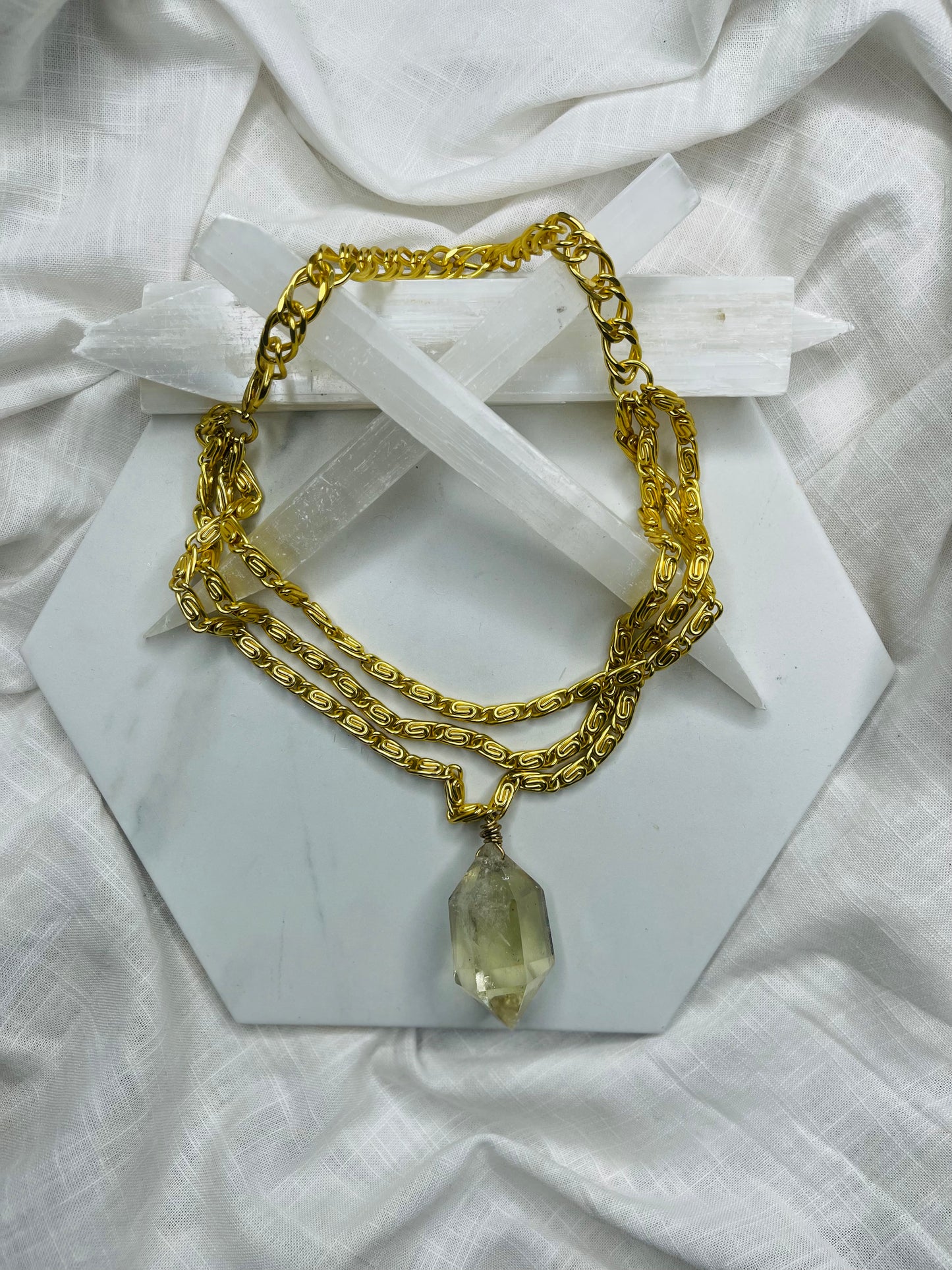 Multi Chain Rare High Quality Faceted Citrine Soul Chain Necklace Hand wrapped on vintage chain
