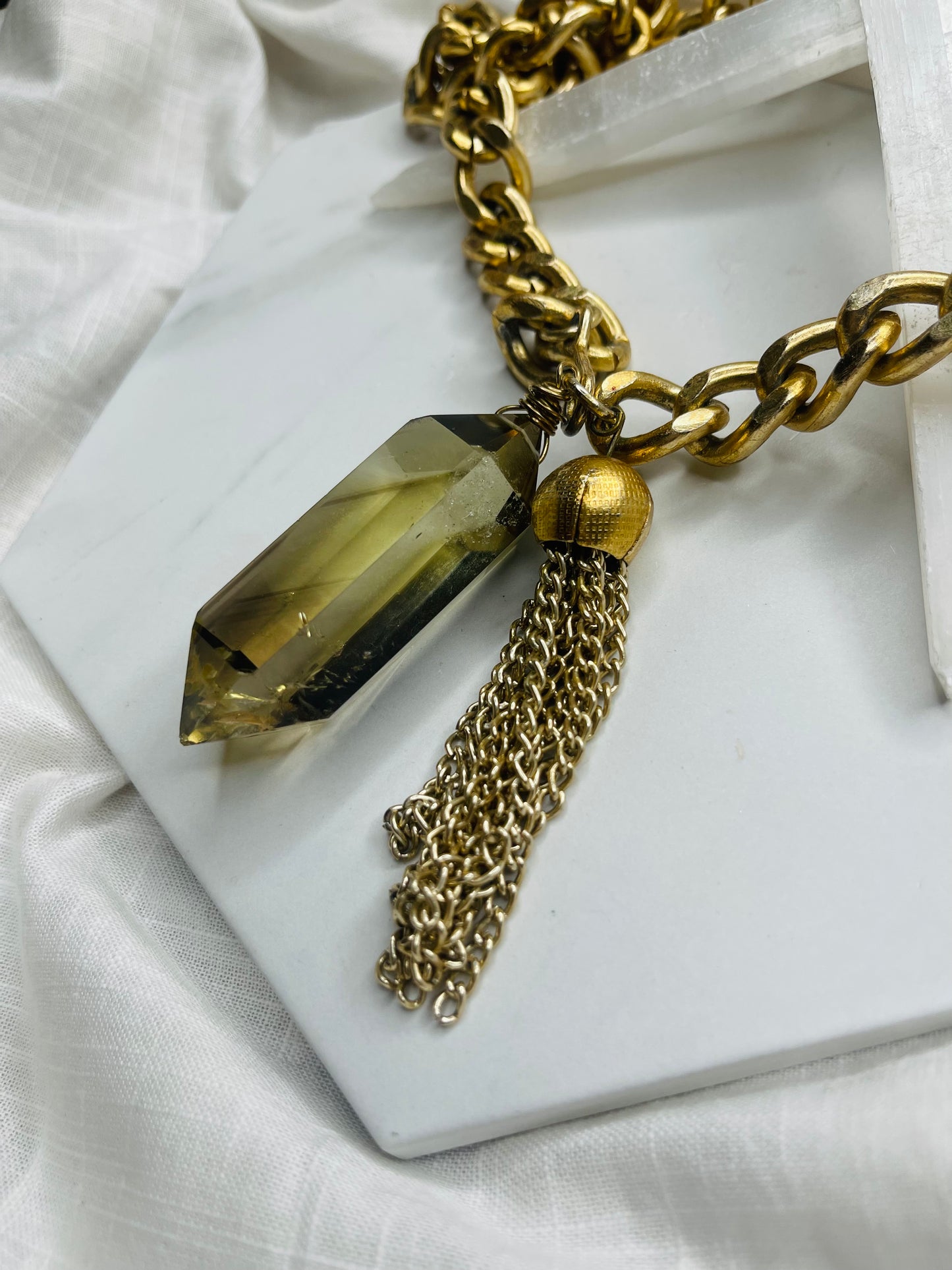 Chevron & Rainbow Inclusions Gem Cut & Very Rare Citrine Hand wrapped on vintage chain