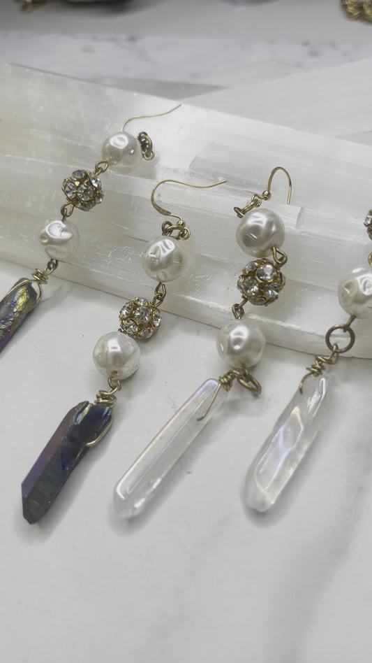 Aura Quartz Costume Pearls Clear Quartz Chakra Soul Chains Earrings w 24K Electroplated Gold Clear Quartz Crystals