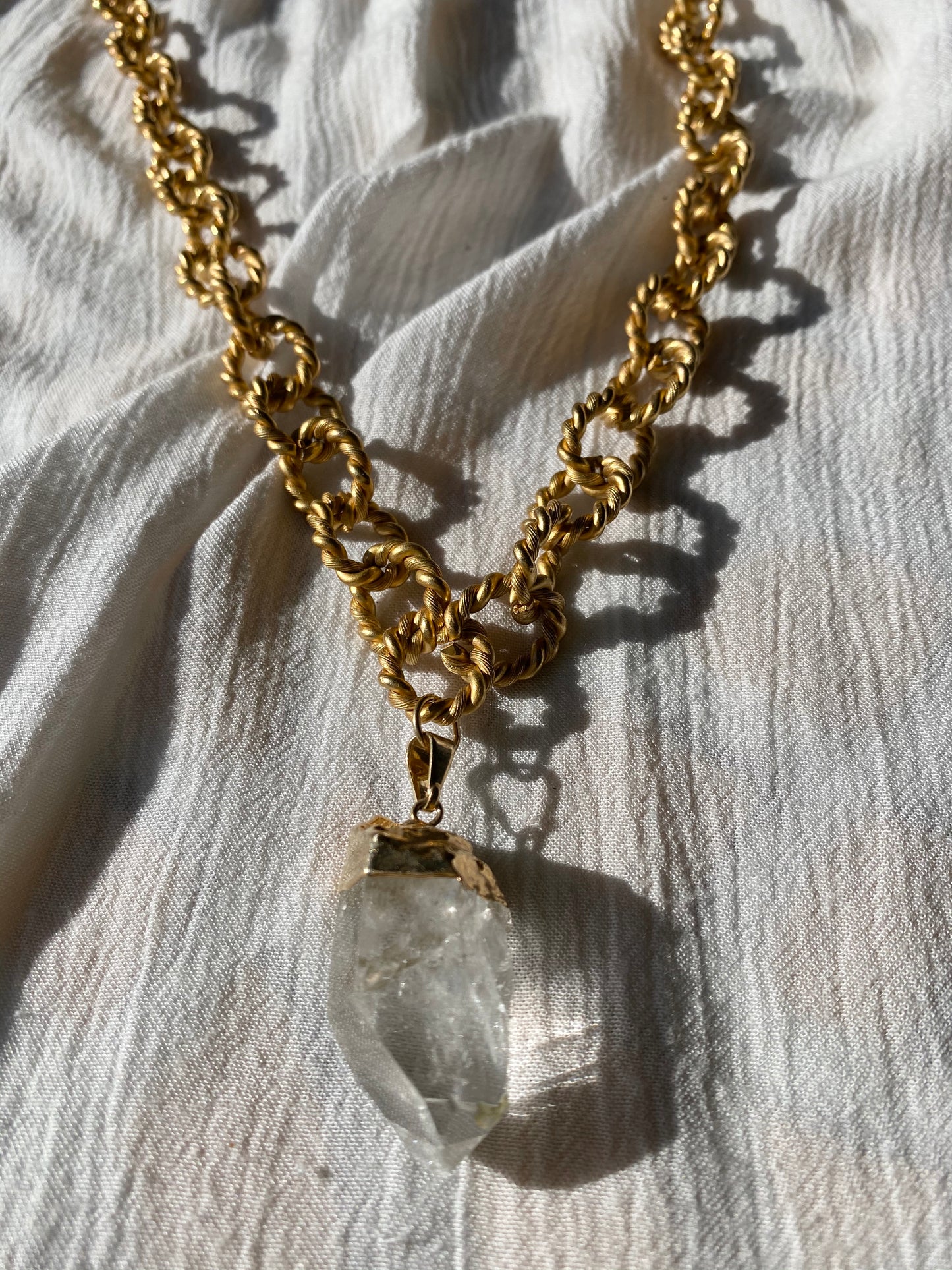 Brushed Golden Crystal Necklace with Clear Quartz 30"L Crystal 1.5"L - Ola Wyola