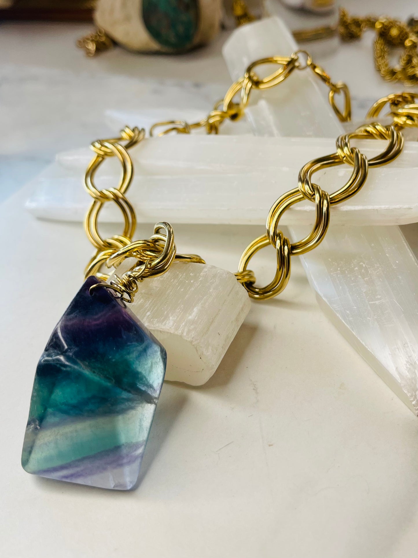 Upper Chakras Rainbow Fluorite Crystal Gold Soul Chain Necklace