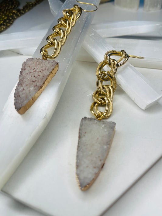 Clear Quartz Druzy Chakra Soul Chains Earrings w 24K Electroplated Gold Clear Quartz Crystals