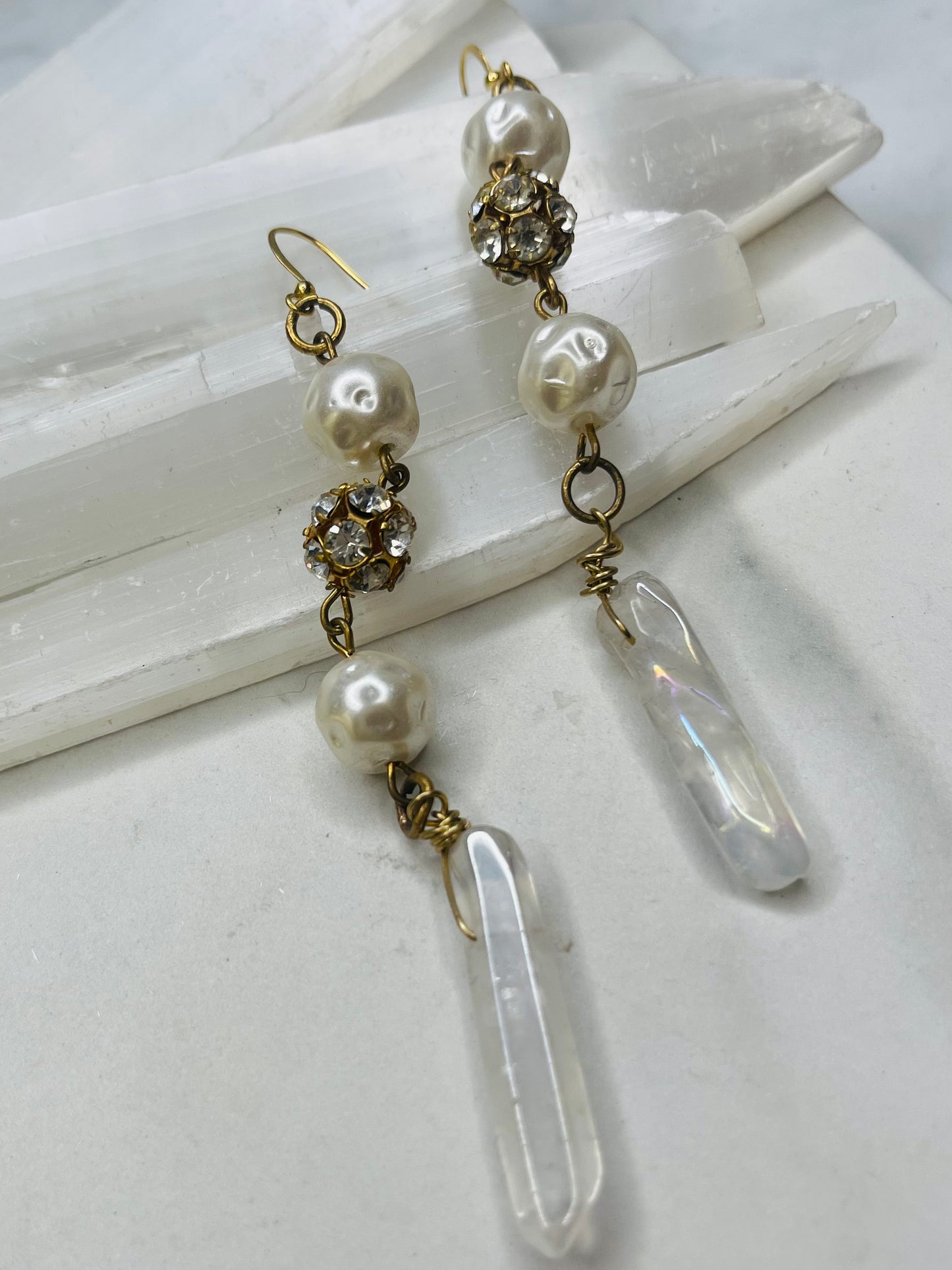 Costume Pearls Clear Quartz Chakra Soul Chains Earrings w 24K Electroplated Gold Clear Quartz Crystals