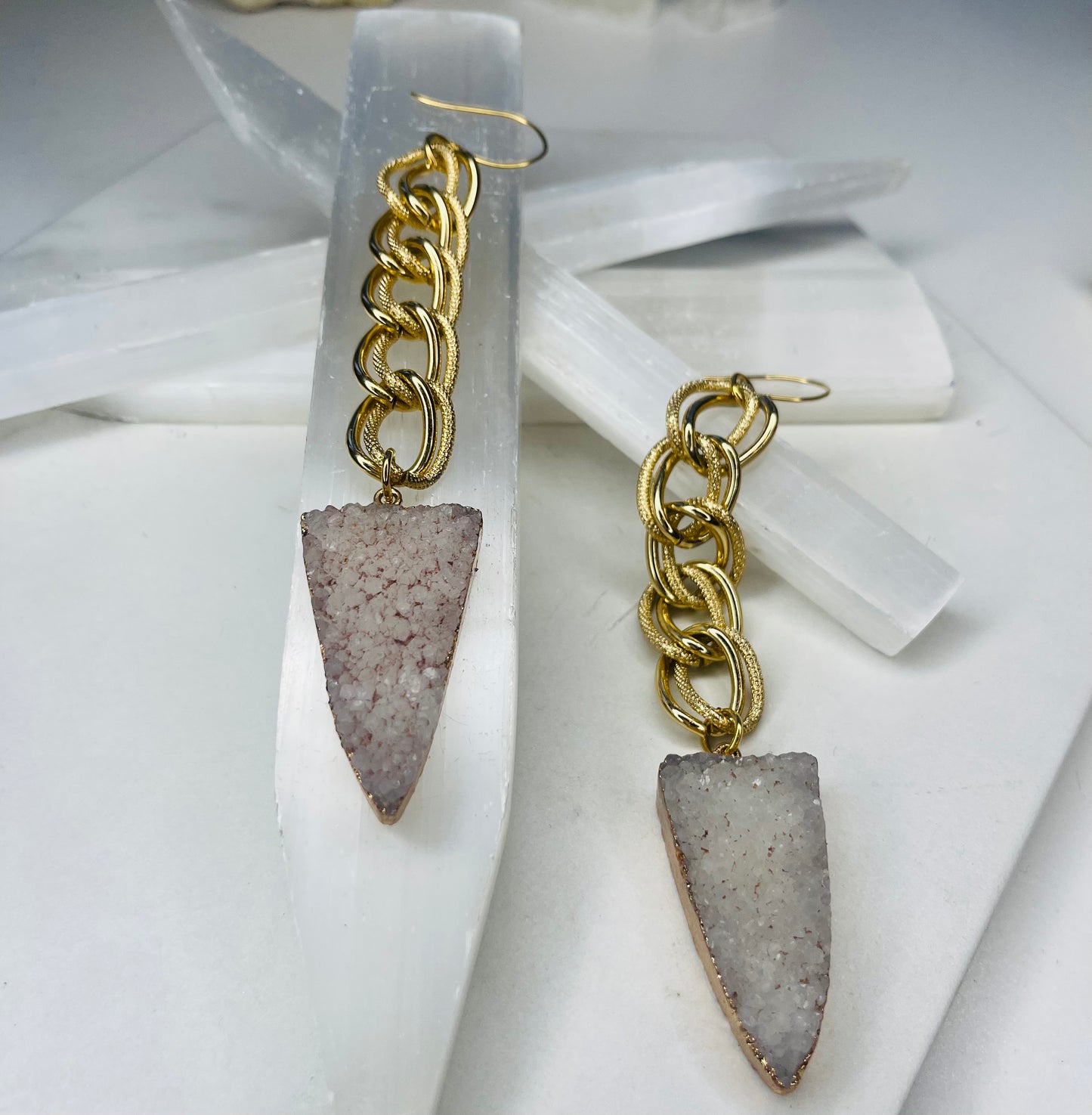 Clear Quartz Druzy Chakra Soul Chains Earrings w 24K Electroplated Gold Clear Quartz Crystals