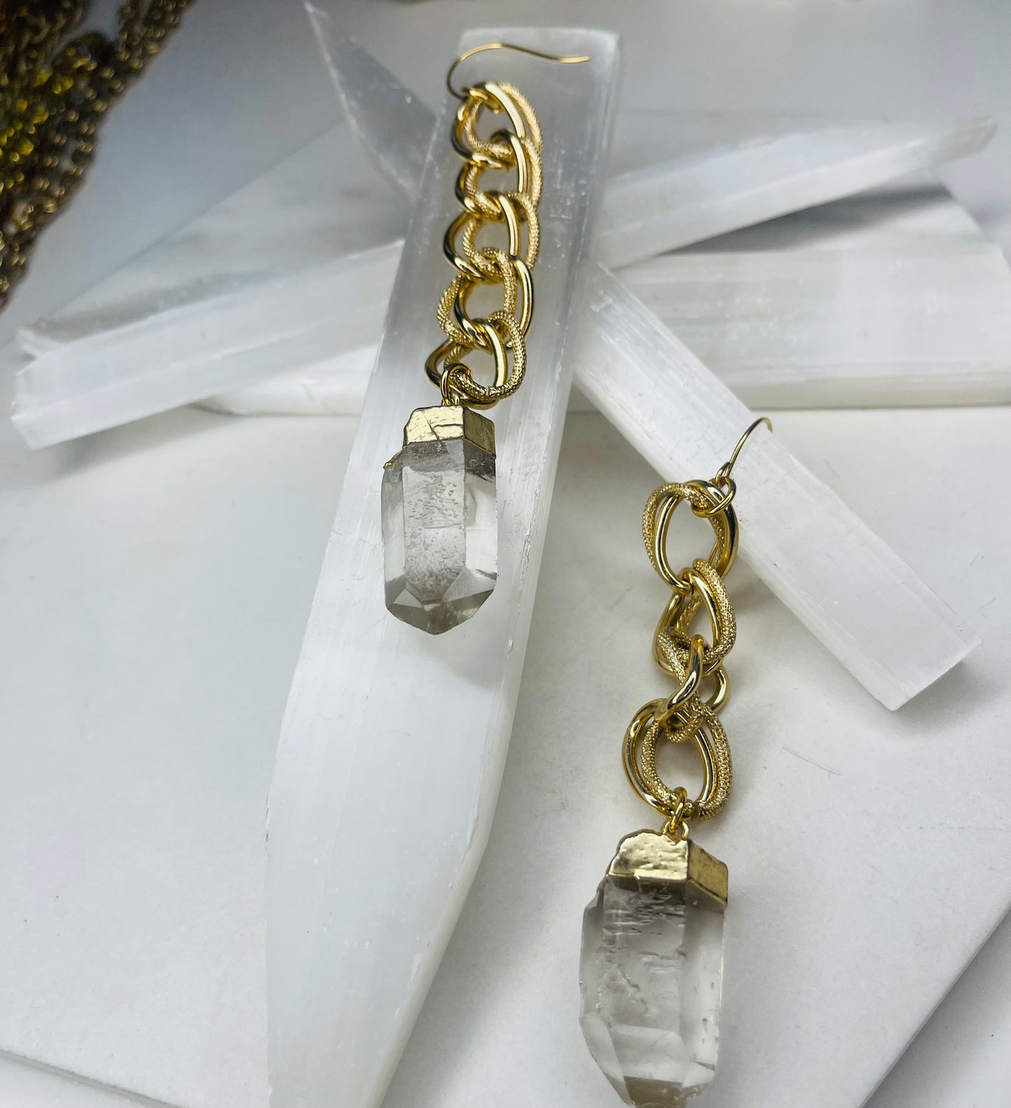 Clear Quartz Chakra Soul Chains Earrings w 24K Electroplated Gold Clear Quartz Crystals