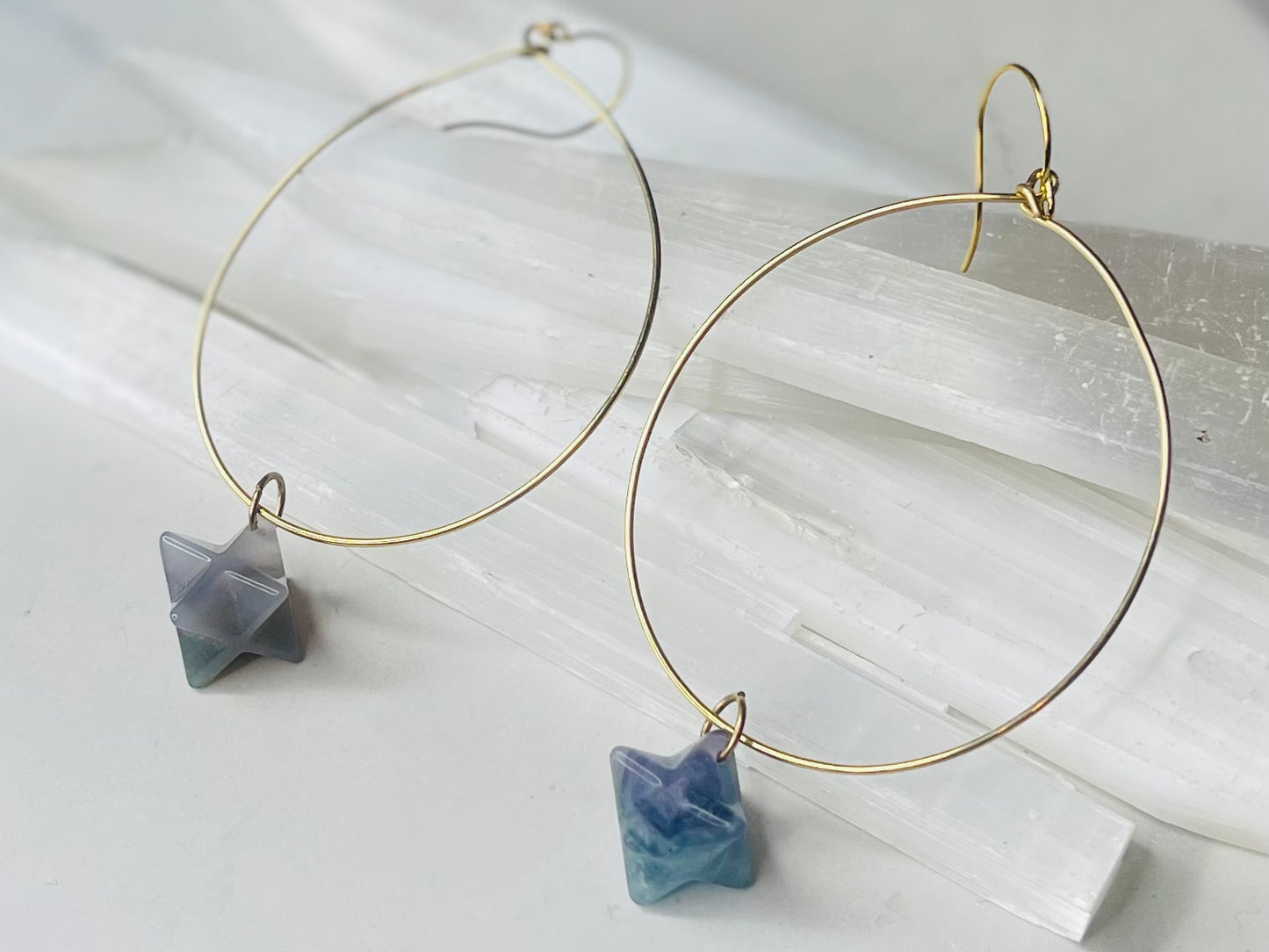 Chakra Hoops Soul Chains Earrings - Rainbow Fluorite Merkaba Crystals