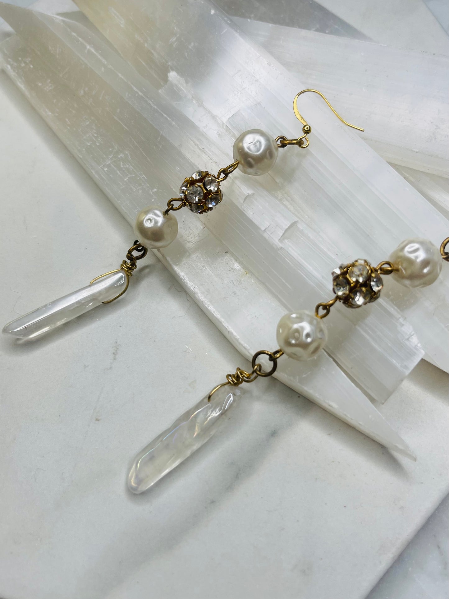 Costume Pearls Clear Quartz Chakra Soul Chains Earrings w 24K Electroplated Gold Clear Quartz Crystals