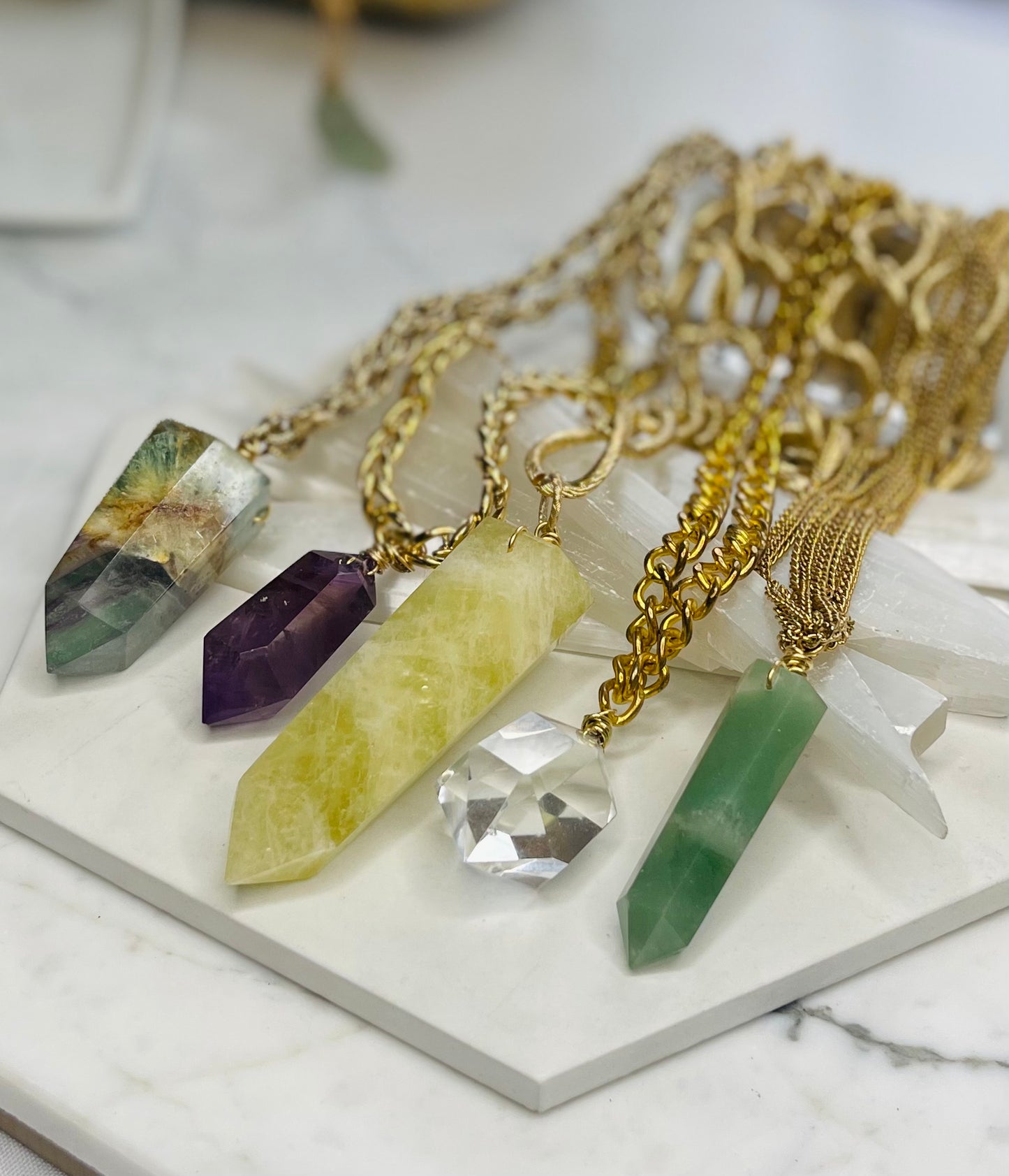 Chunky Rainbow Fluorite Crystal Gold Soul Chain Necklace