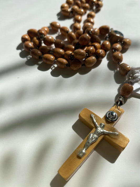 Vintage Wooden Rosary Necklace with Aqua Mary - Ola Wyola